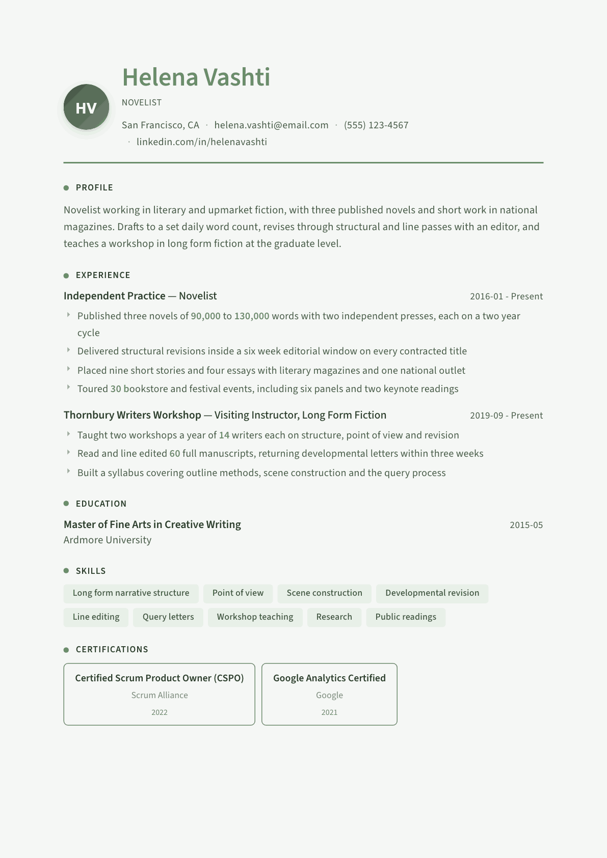 Novelist resume example, Sage Garden template