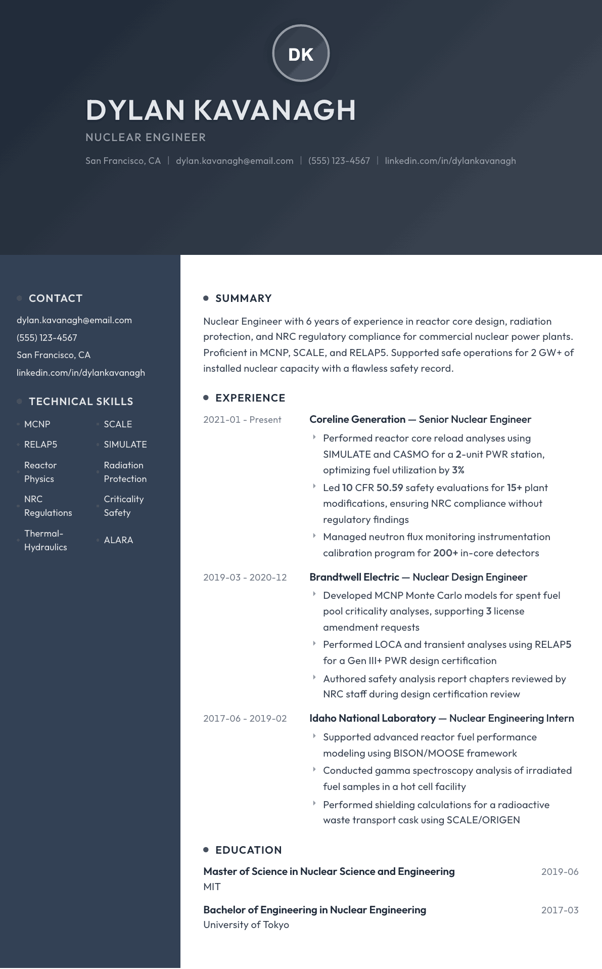 Nuclear Engineer resume example, Binary template