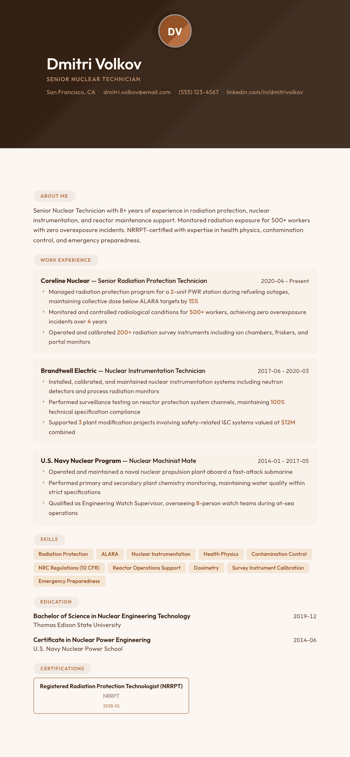 Nuclear Technician resume example, Terracotta Studio template