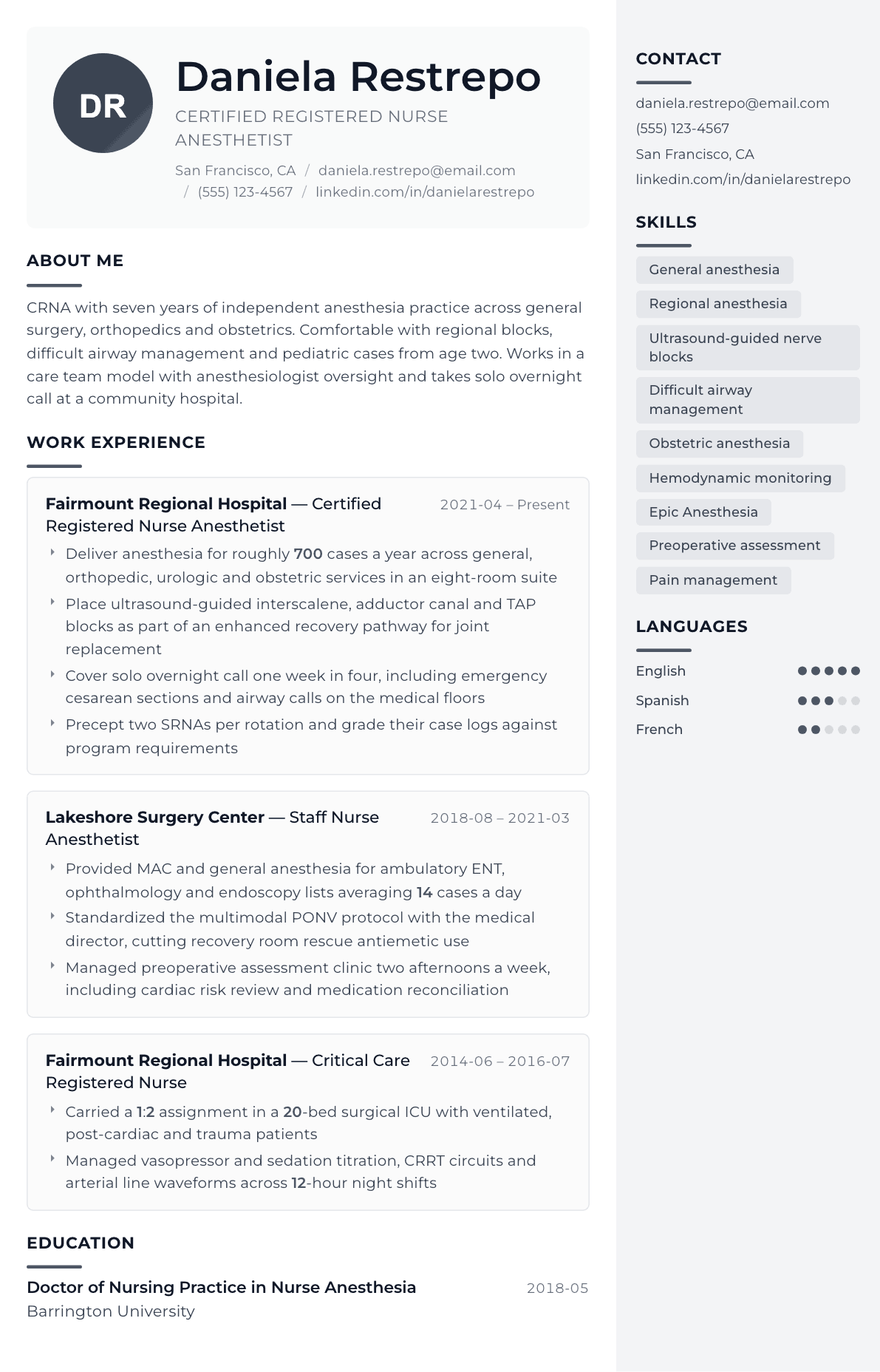 Nurse Anesthetist resume example, Metropolitan template