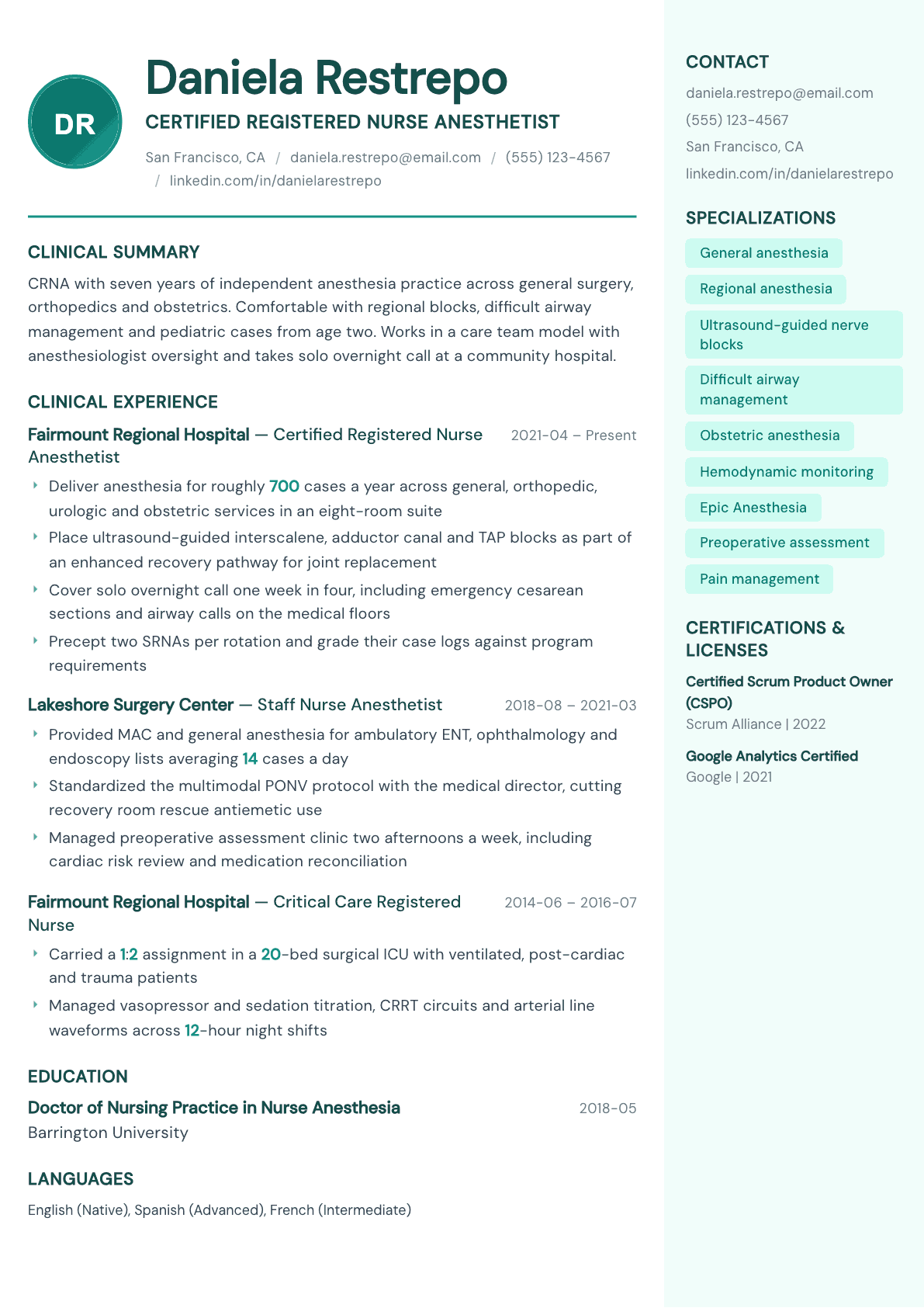 Nurse Anesthetist resume example, Remedy template