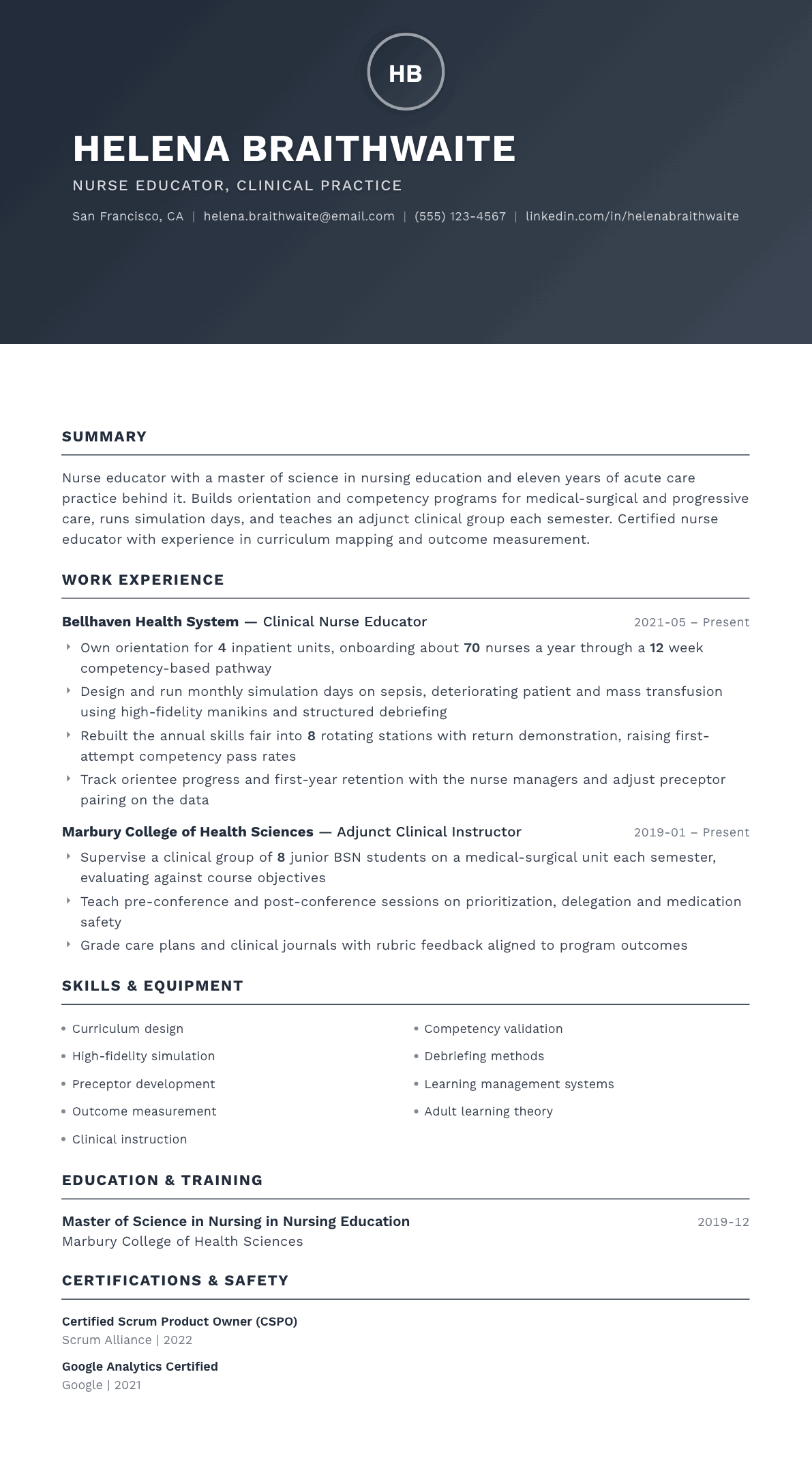 Nurse Educator resume example, Foundation template