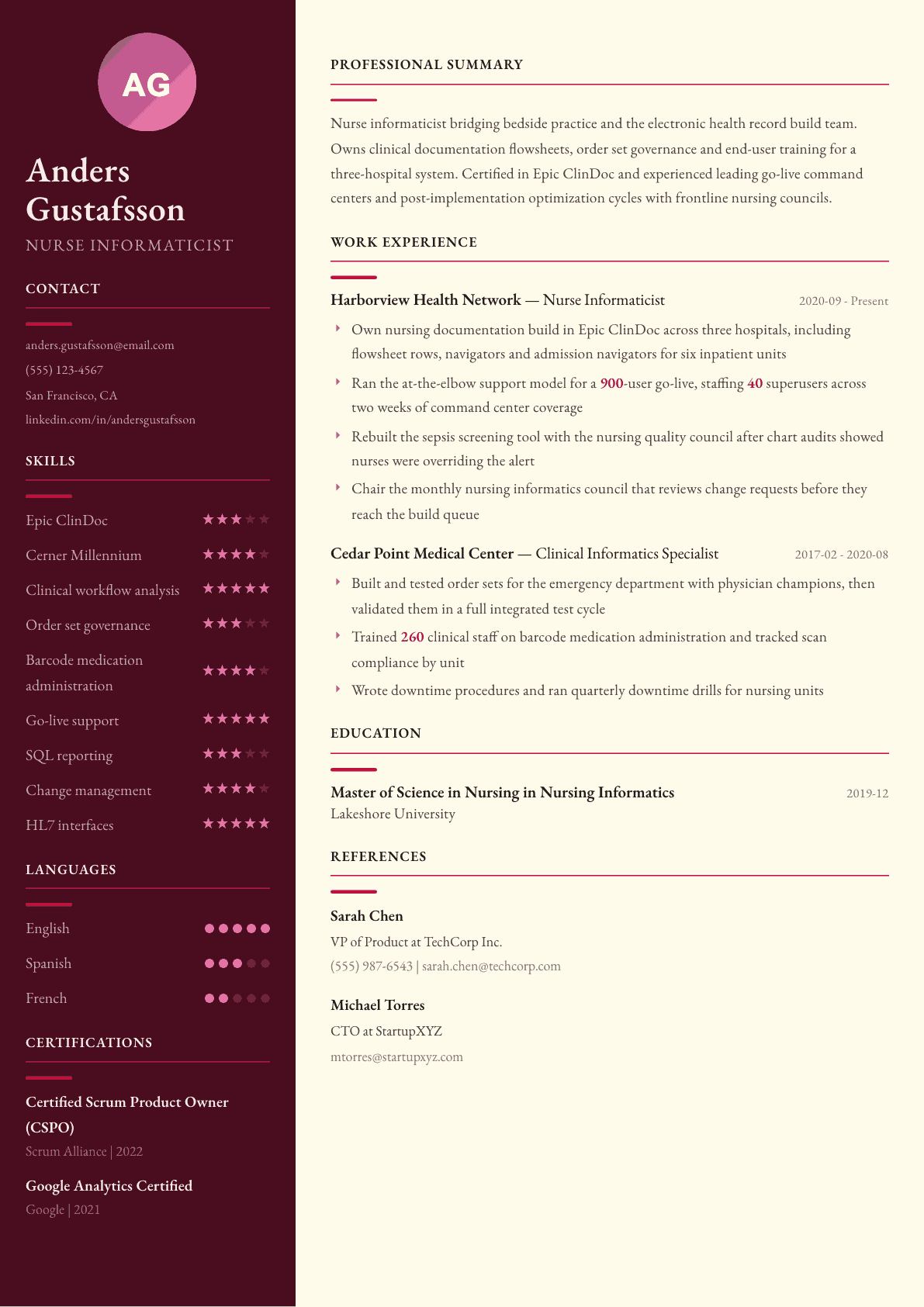 Nurse Informaticist resume example, Dubai template