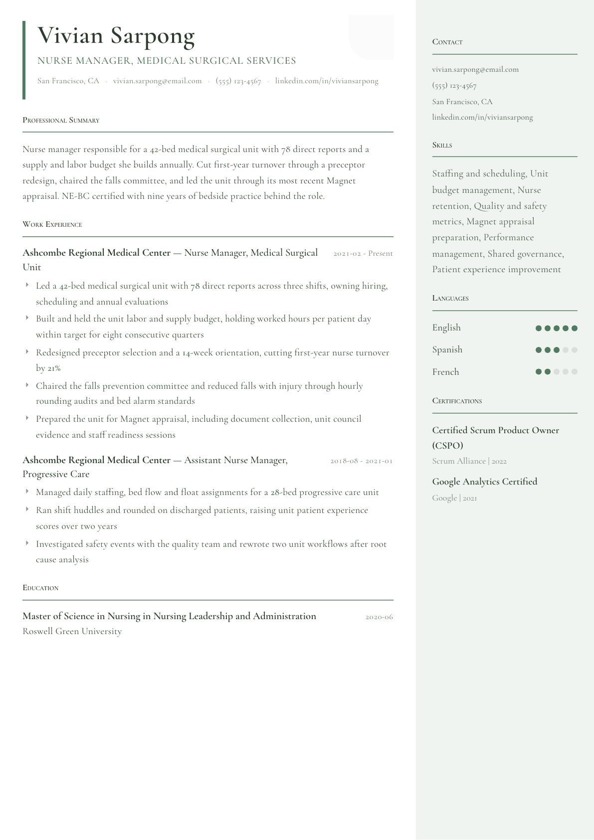 Nurse Manager resume example, Copenhagen template