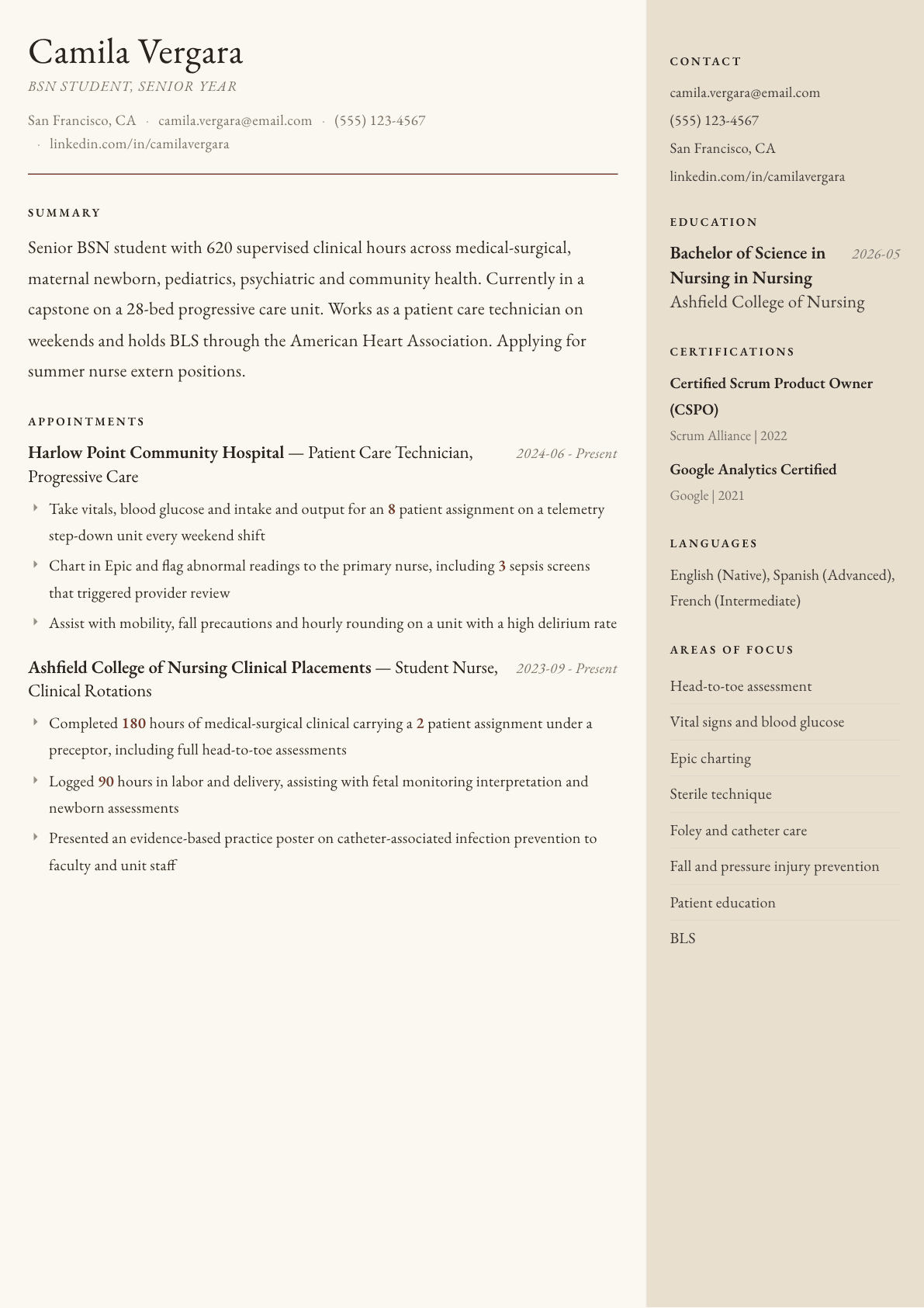 Nursing Student resume example, Manuscript template