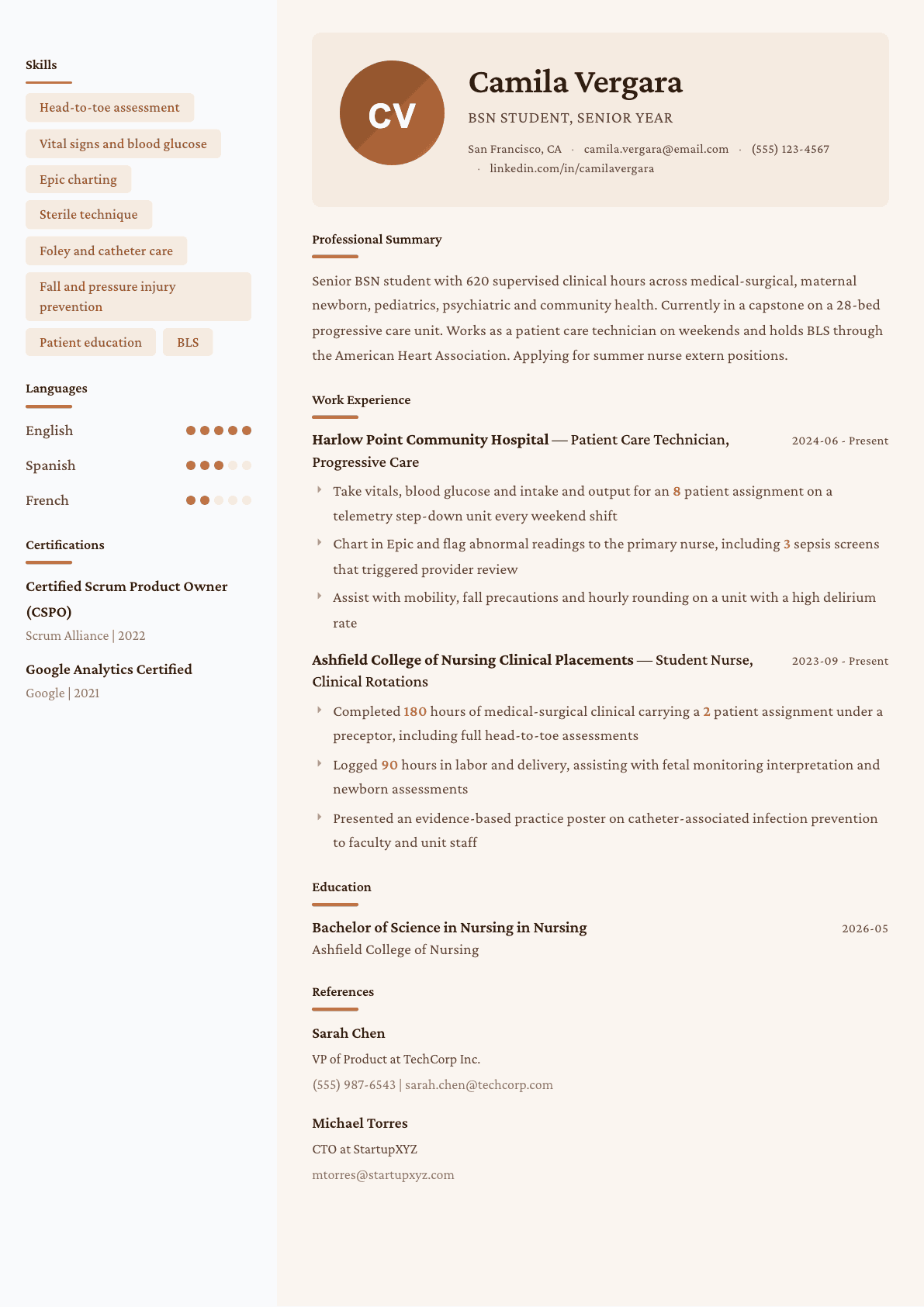 Nursing Student resume example, Lisbon template