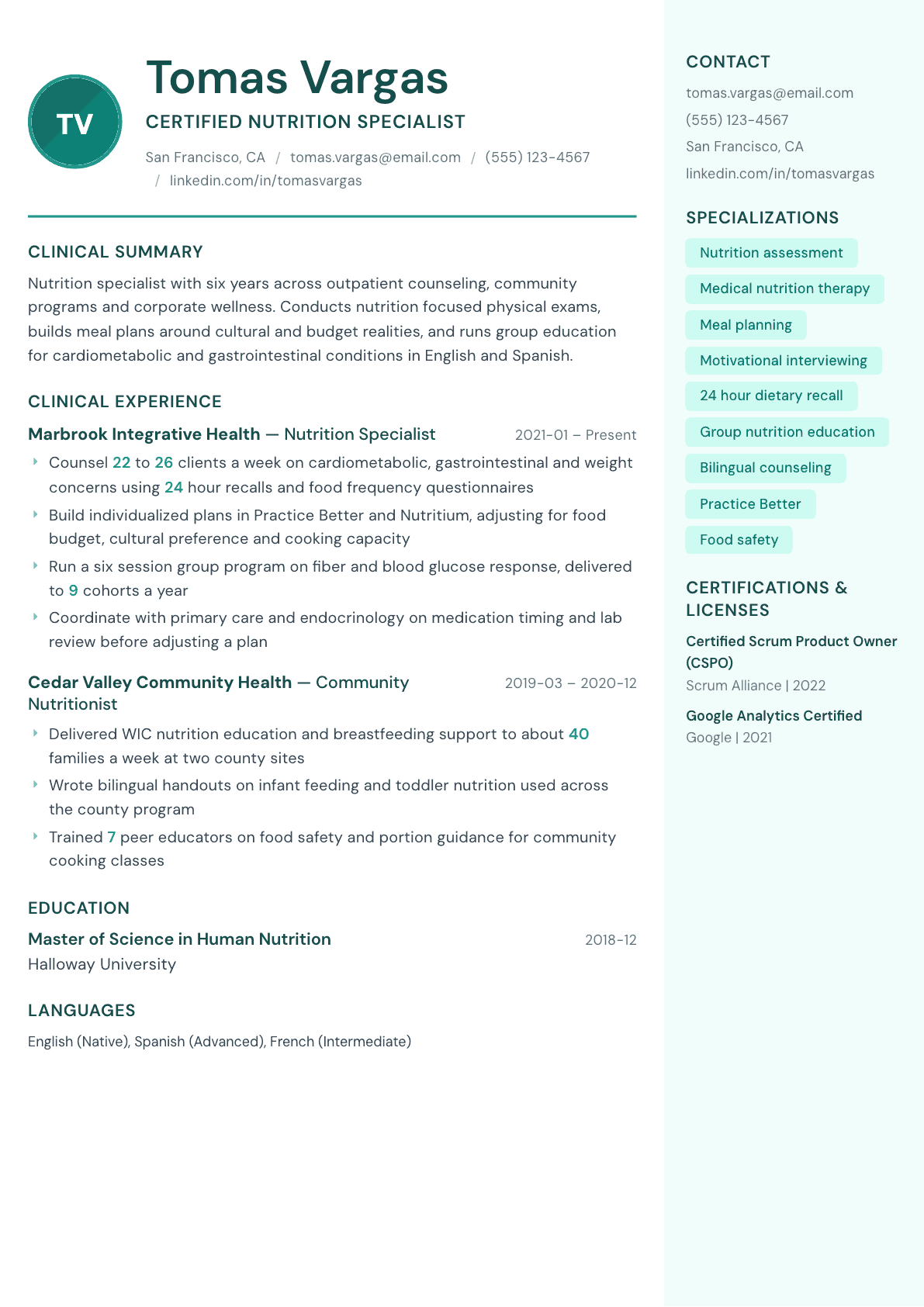 Nutritionist resume example, Remedy template