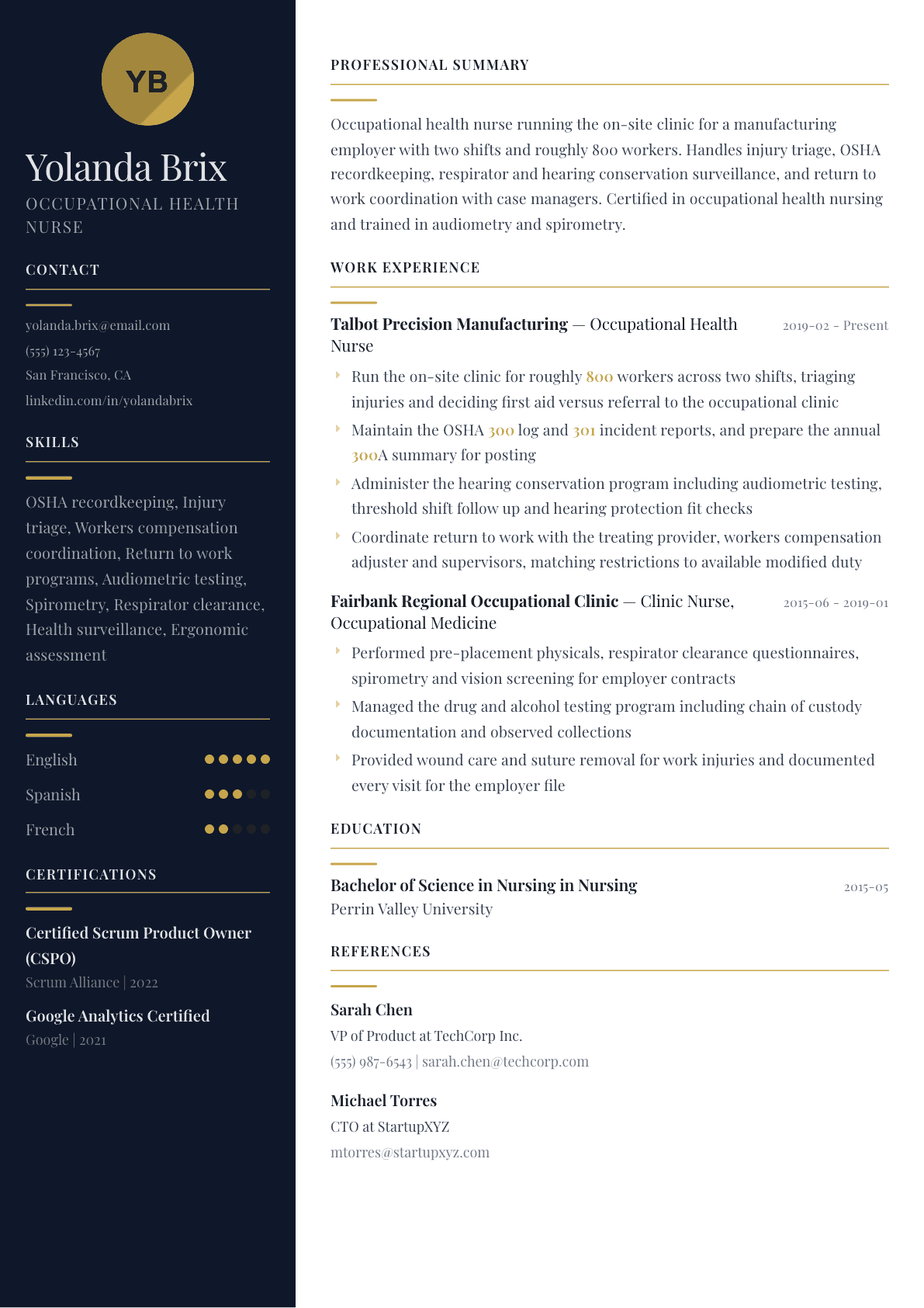 Occupational Health Nurse resume example, Zurich template