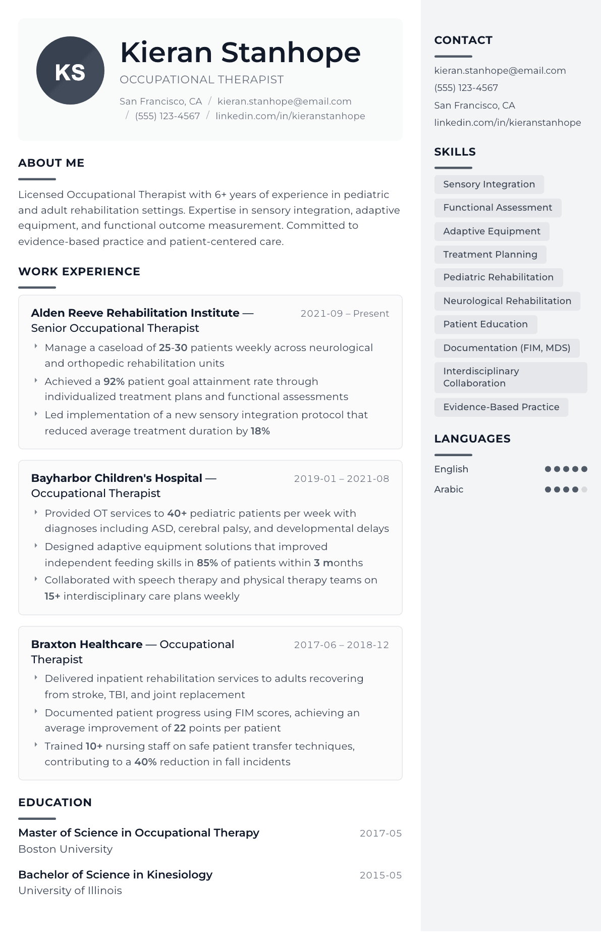 Occupational Therapist resume example, Metropolitan template