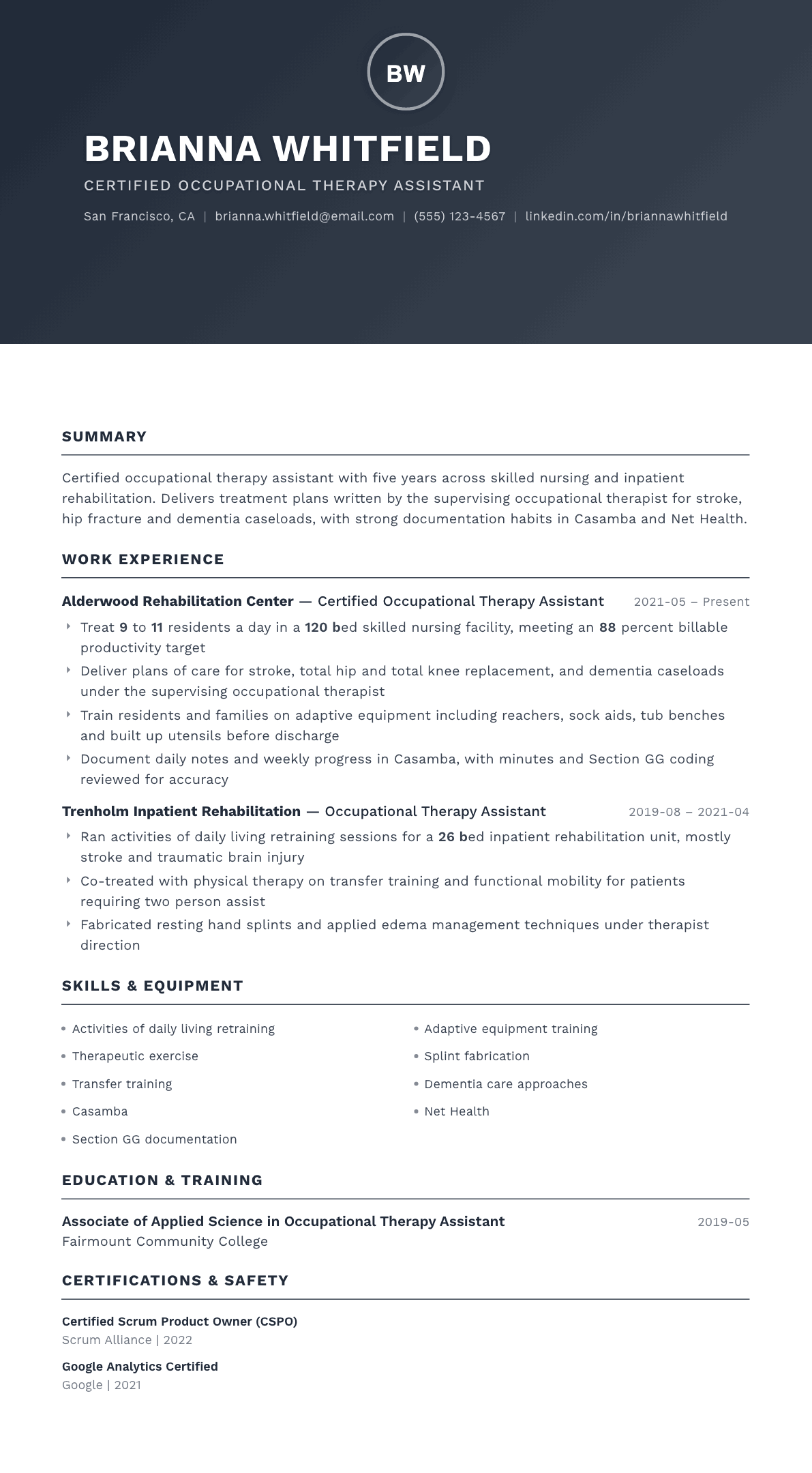 Occupational Therapy Assistant resume example, Foundation template
