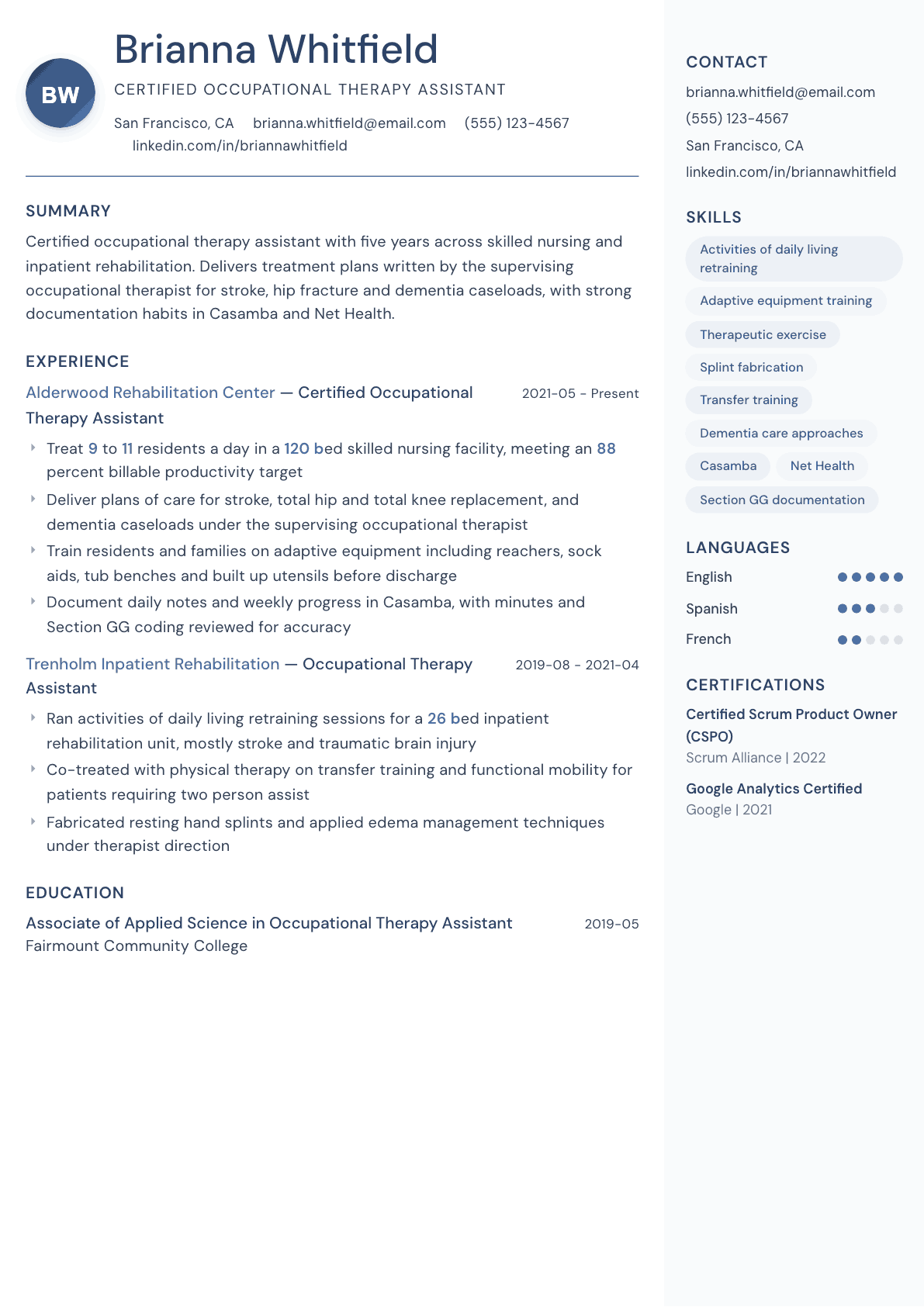 Occupational Therapy Assistant resume example, Kernel template