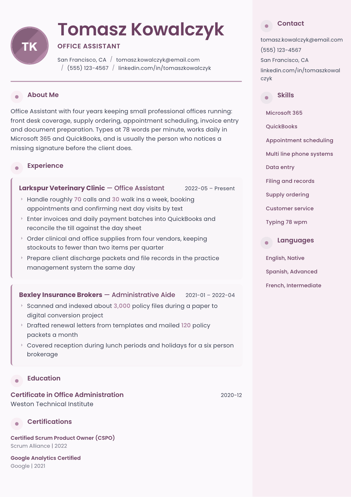 Office Assistant resume example, Bloom template