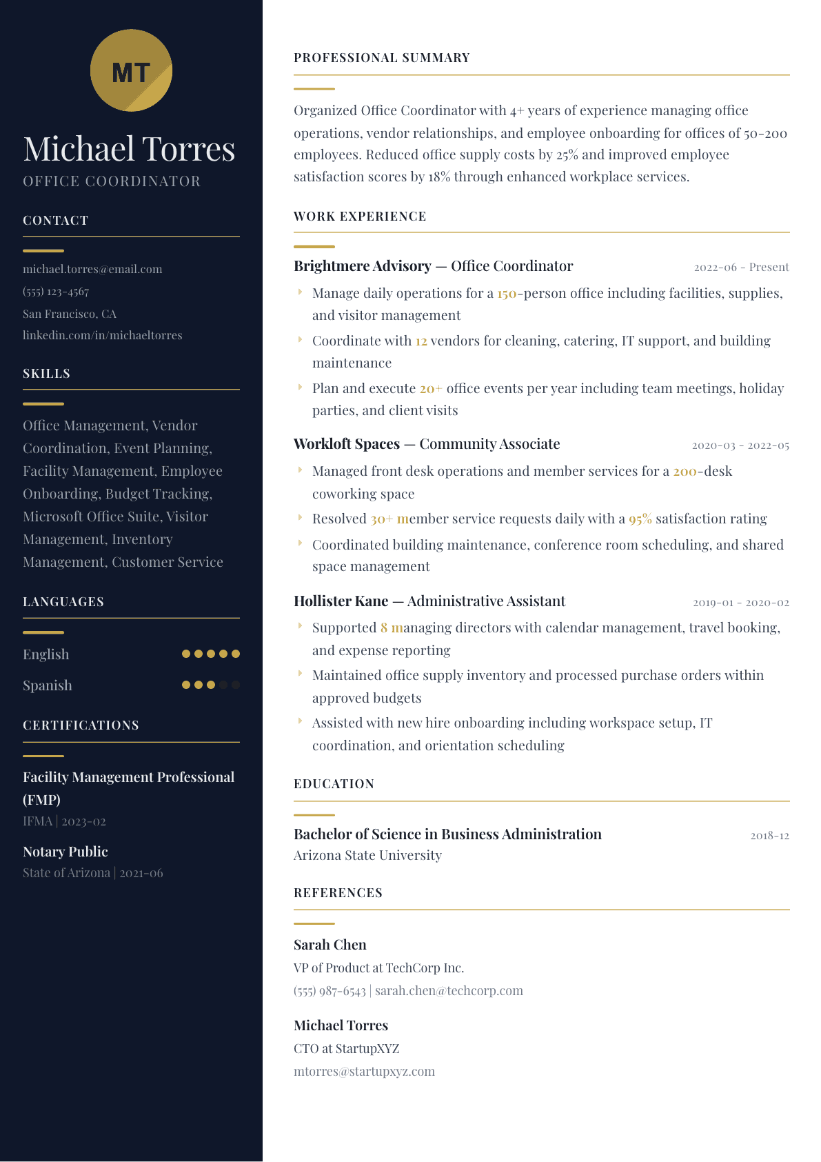 Office Coordinator resume example, Zurich template