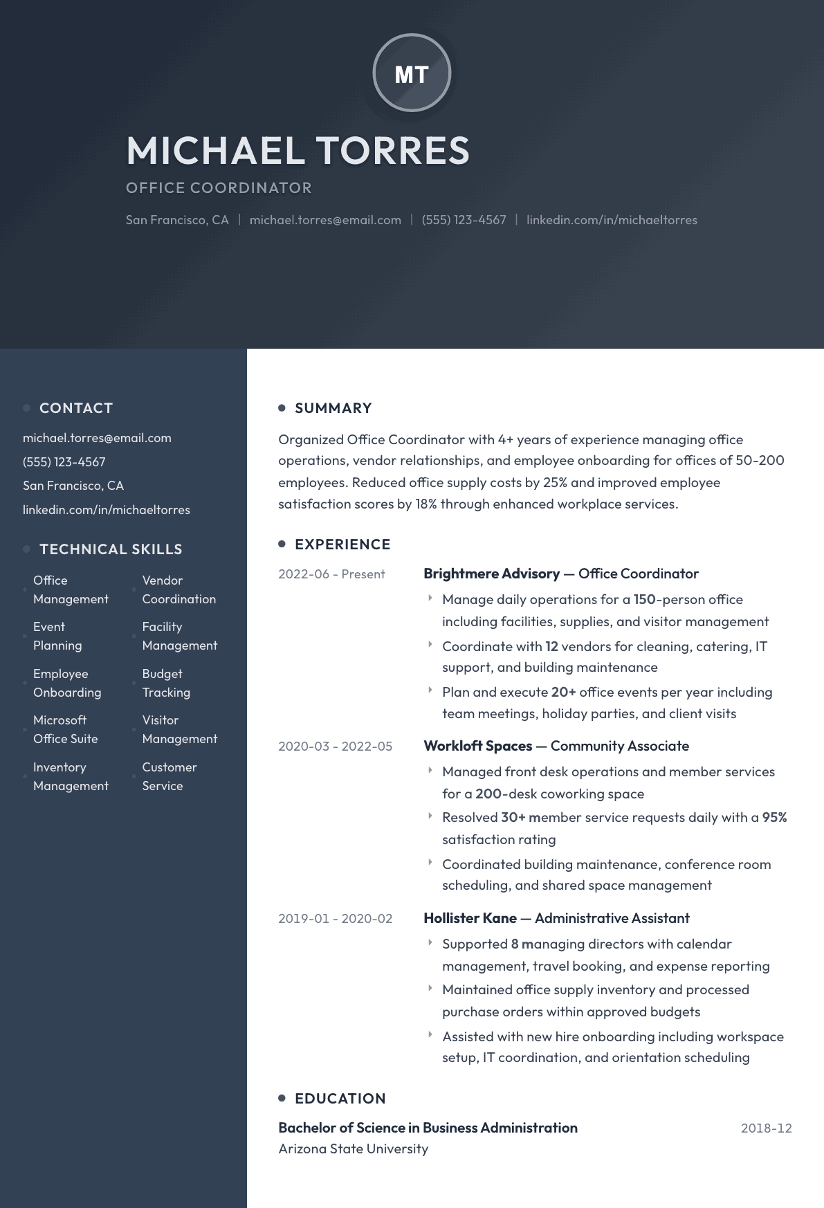 Office Coordinator resume example, Binary template