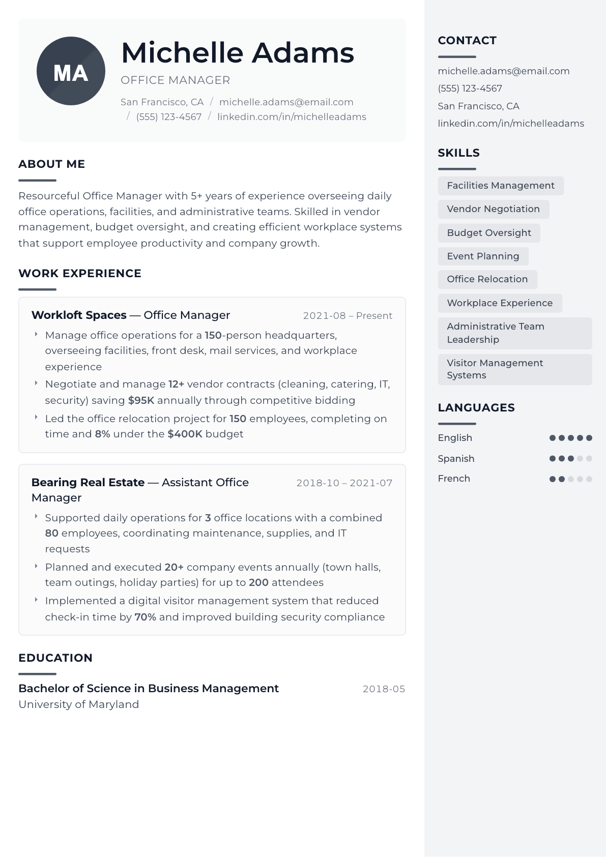 Office Manager resume example, Metropolitan template