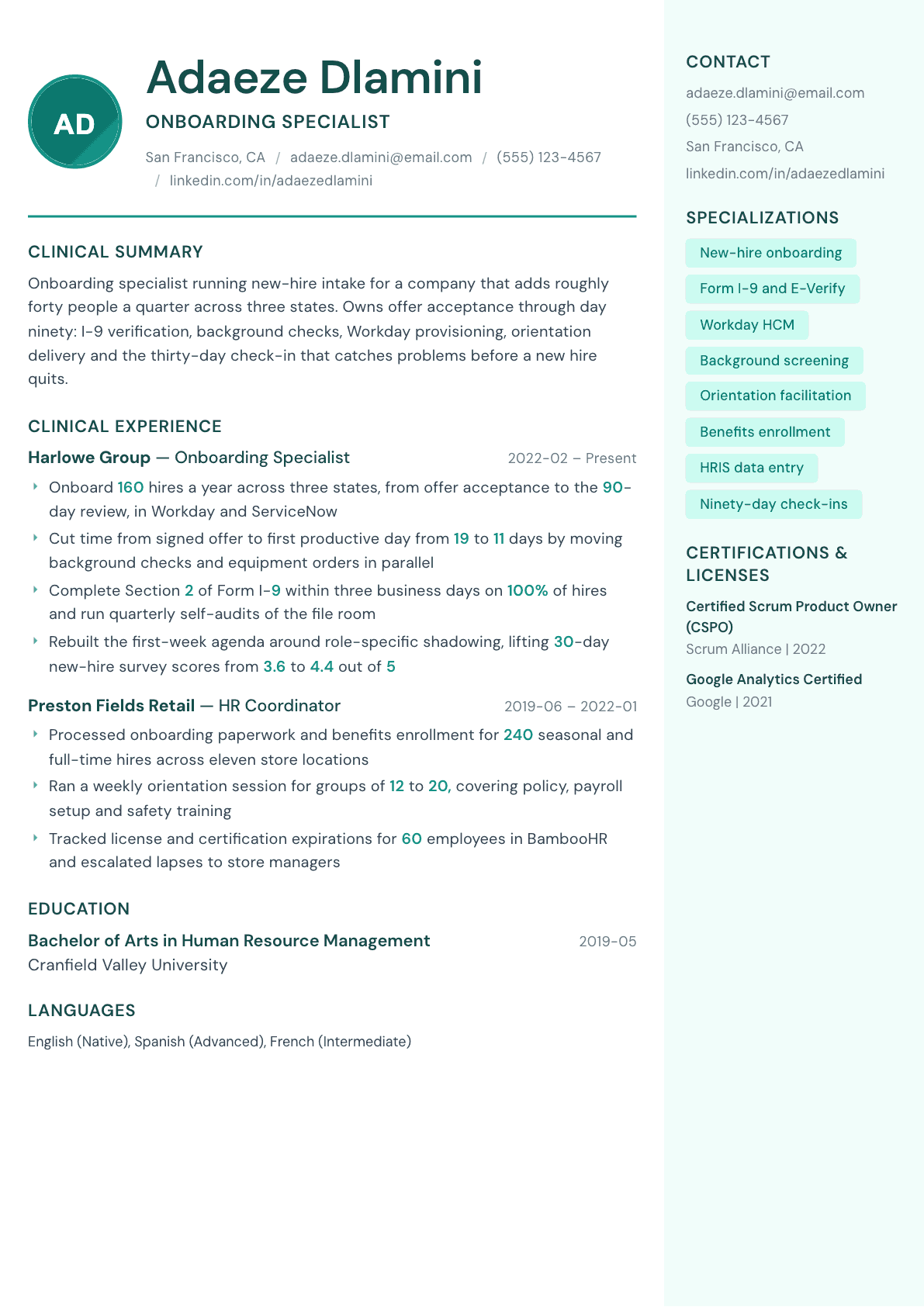 Onboarding Specialist resume example, Remedy template