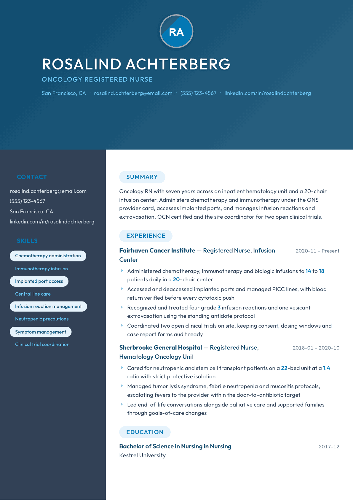 Oncology Nurse resume example, Nexus template