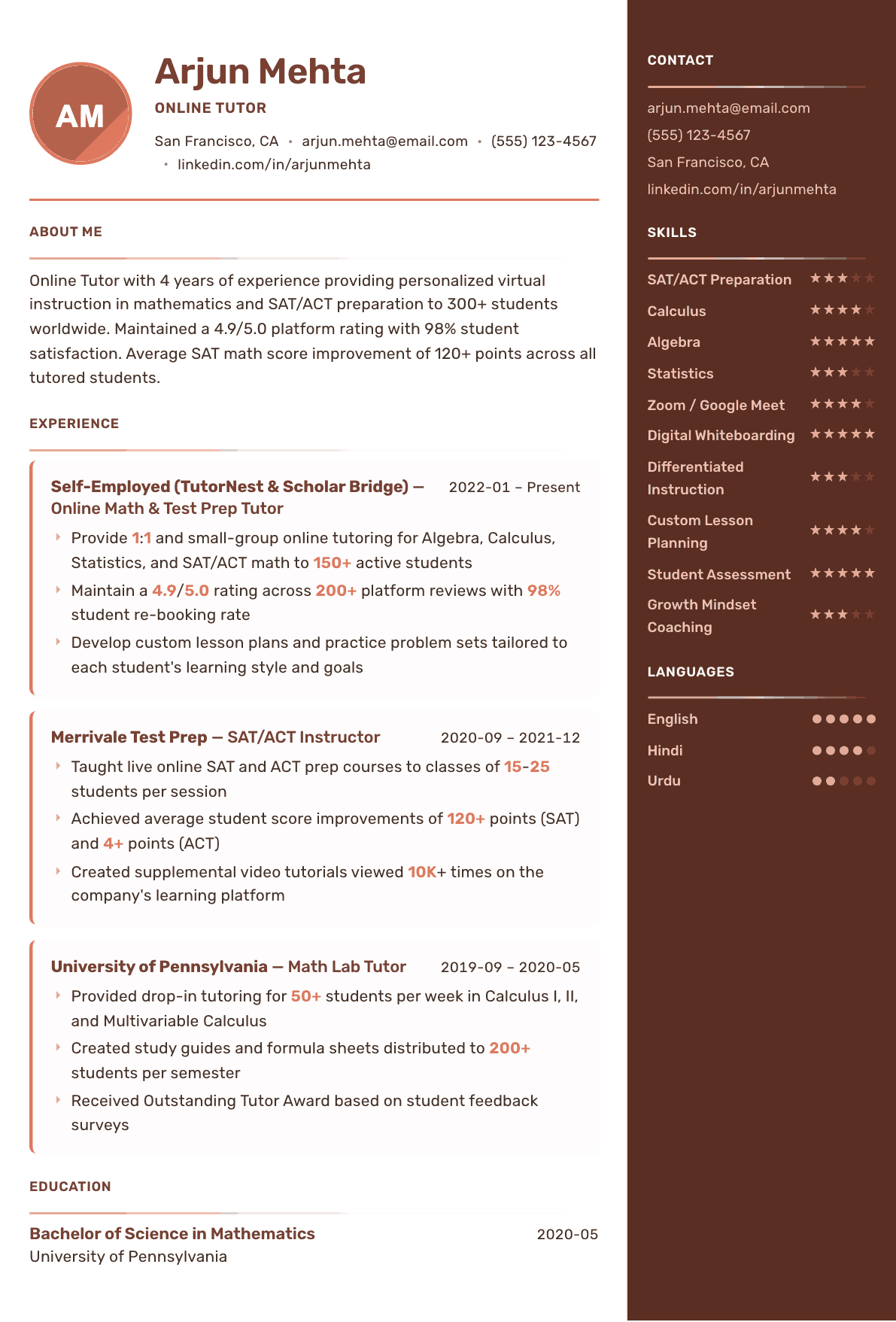 Online Tutor resume example, Mosaic template