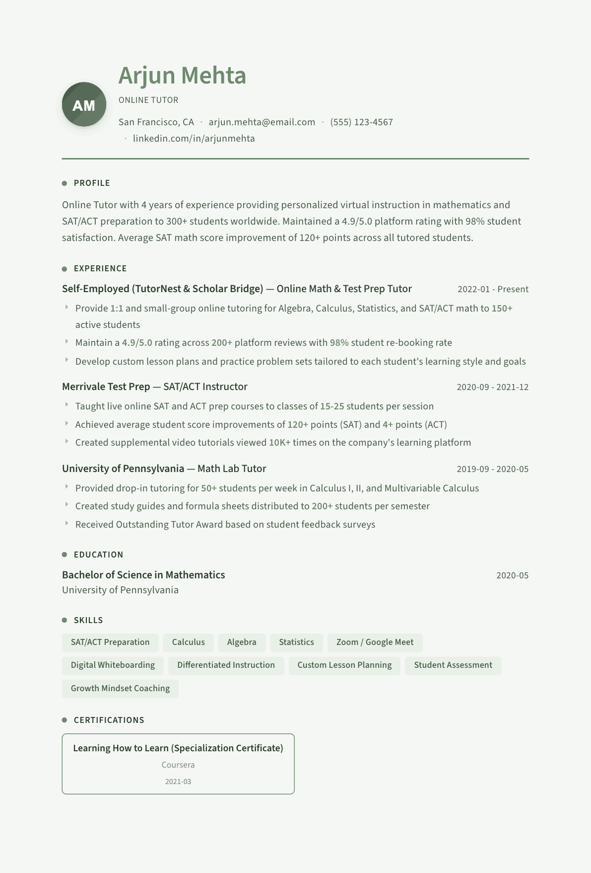 Online Tutor resume example, Sage Garden template