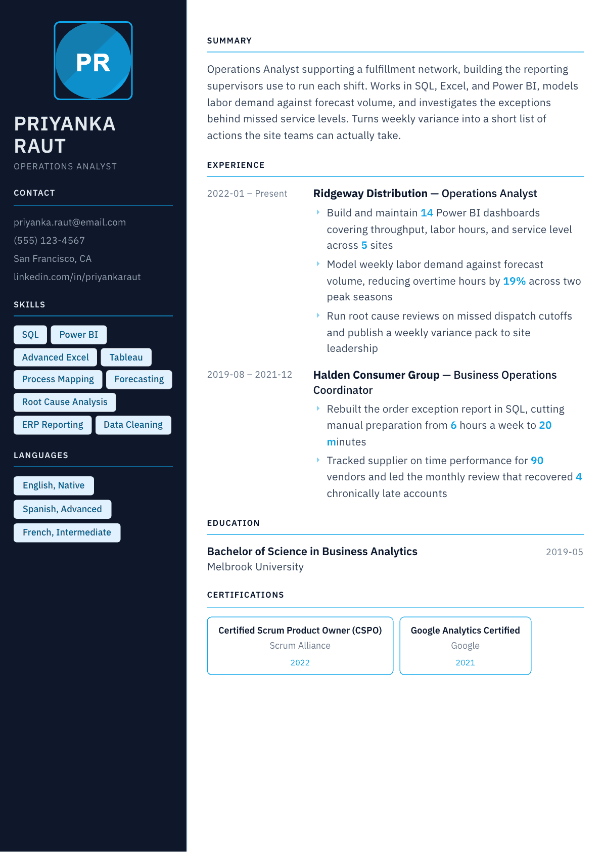 Operations Analyst resume example, Everest template