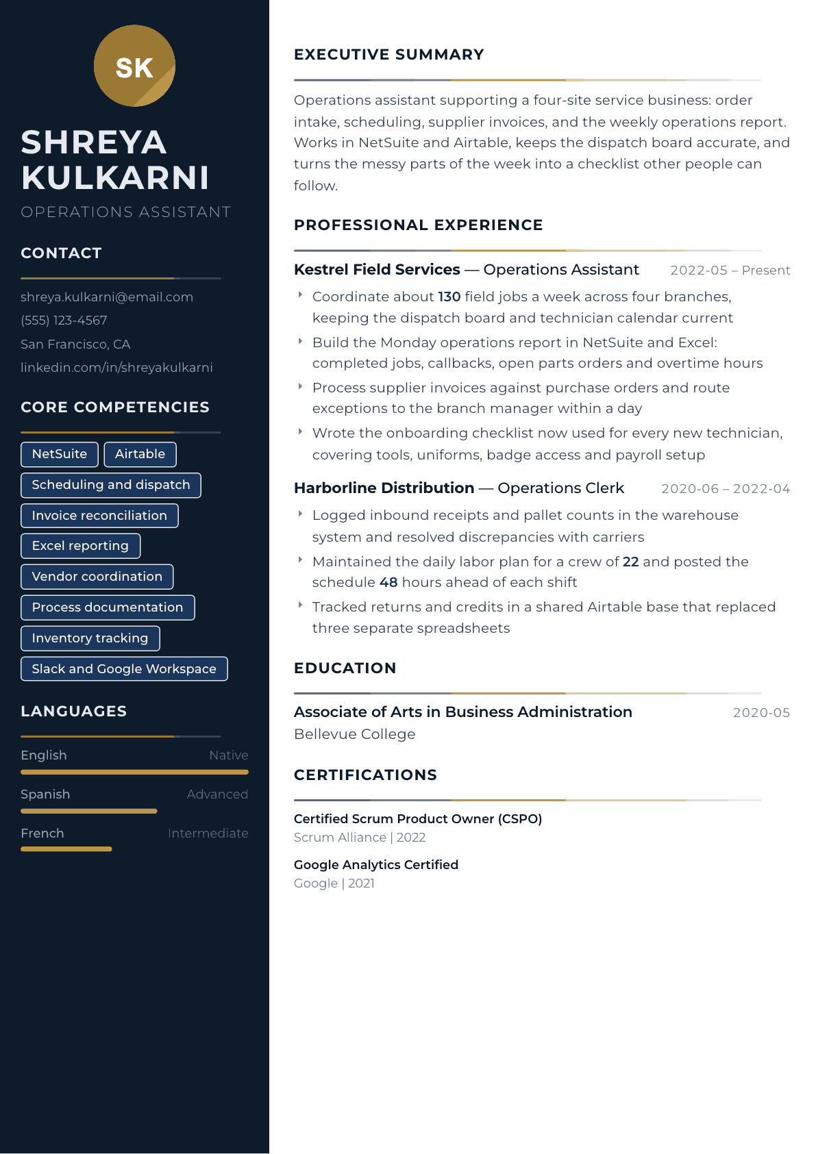 Operations Assistant resume example, Catalyst template