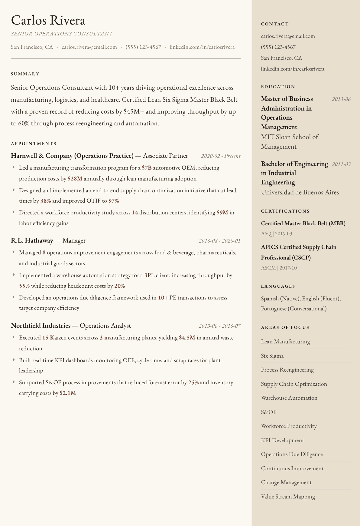 Operations Consultant resume example, Manuscript template