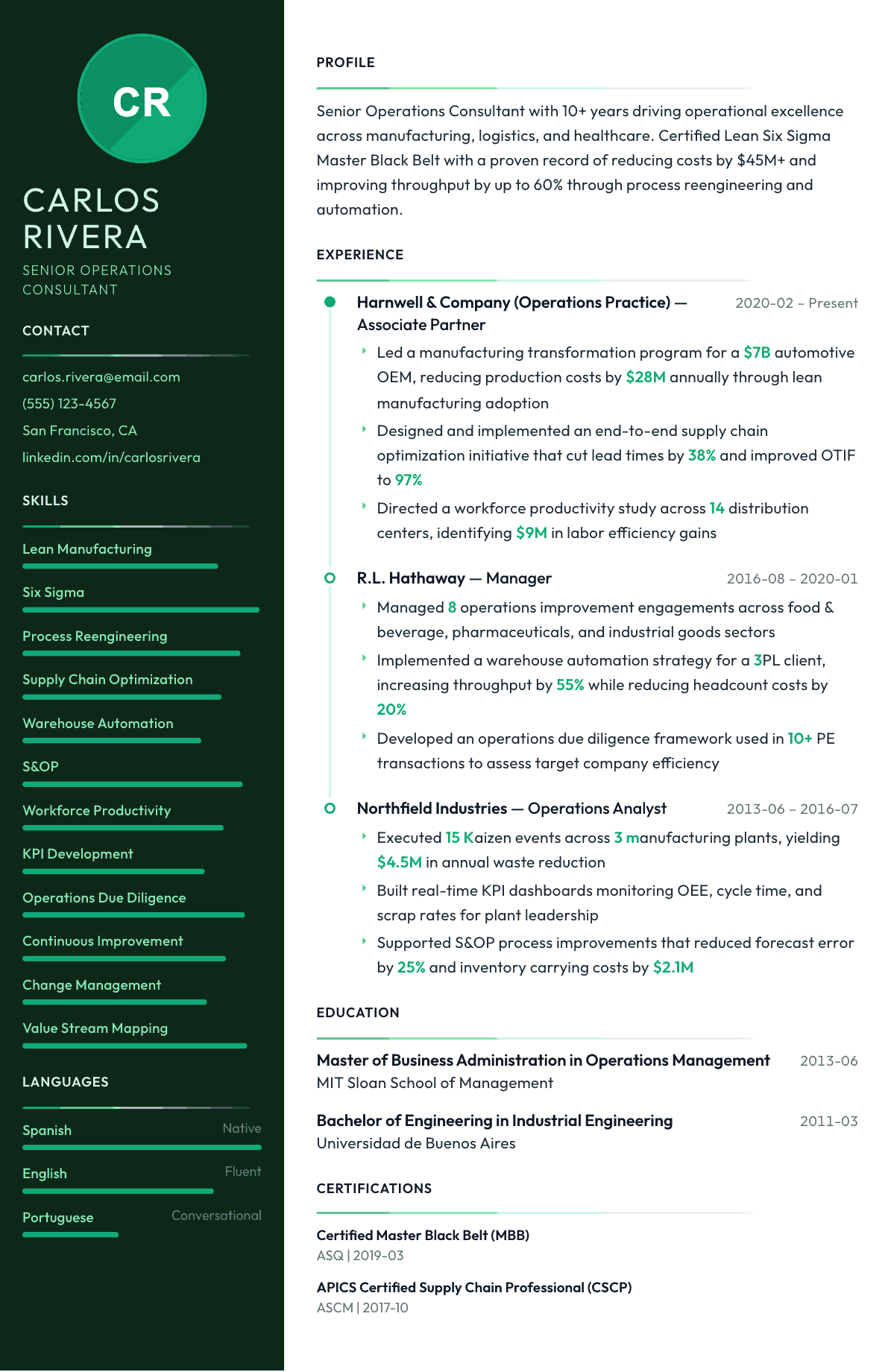 Operations Consultant resume example, Meridian template