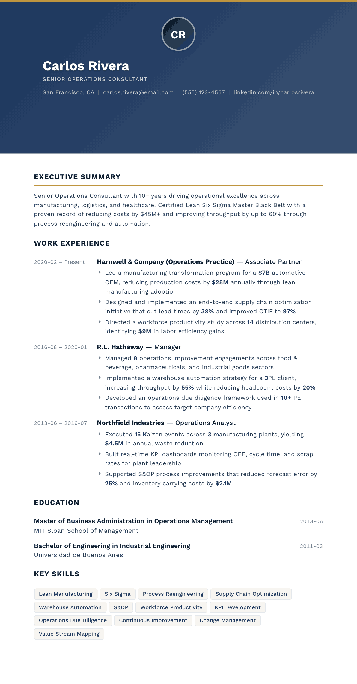 Operations Consultant resume example, Sovereign template