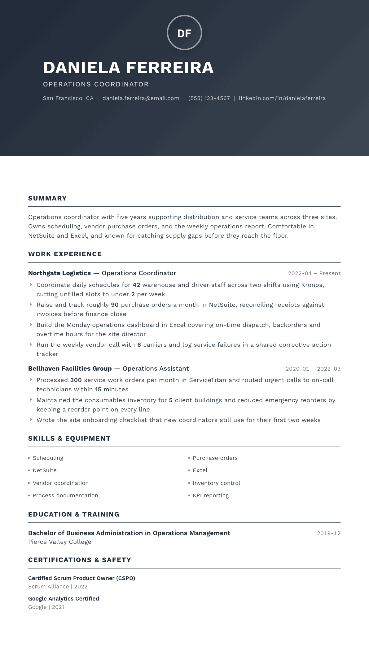 Operations Coordinator resume example, Foundation template