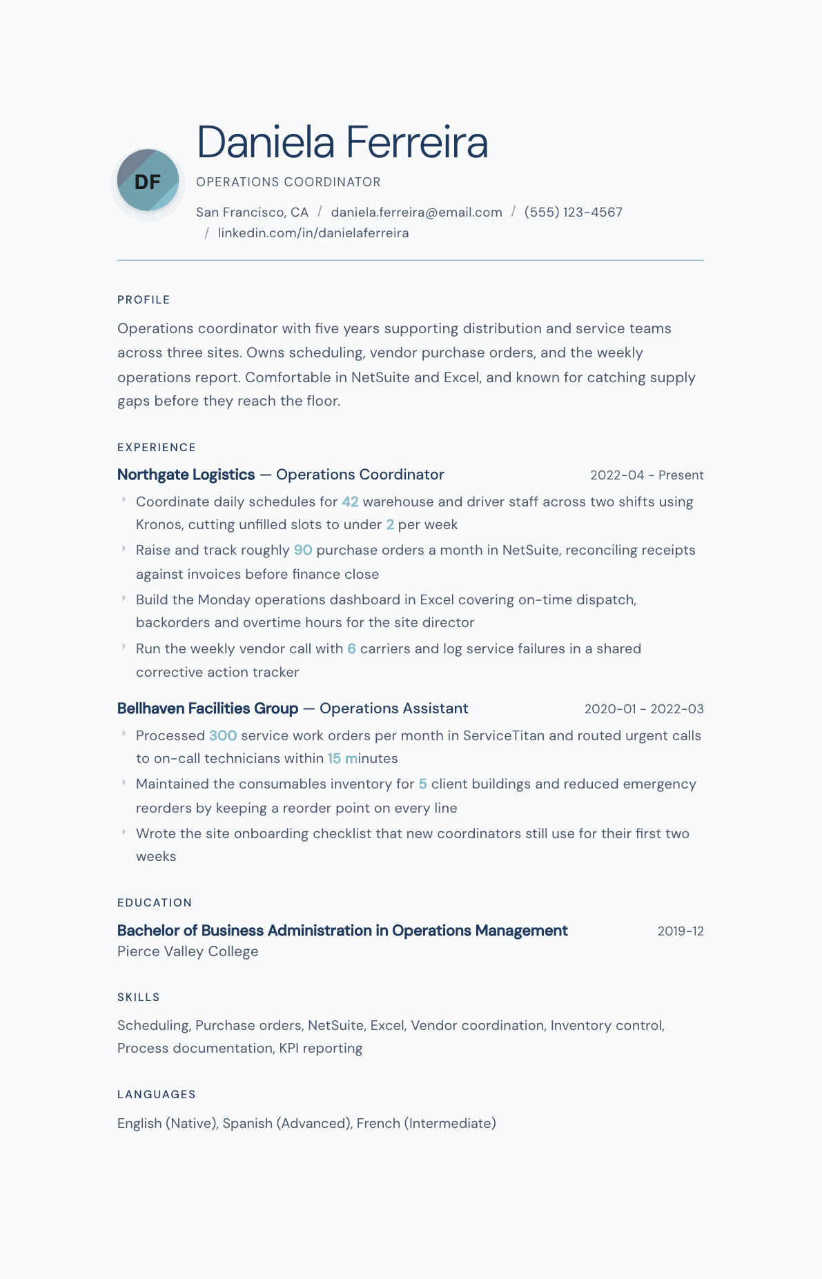 Operations Coordinator resume example, Nordic Frost template