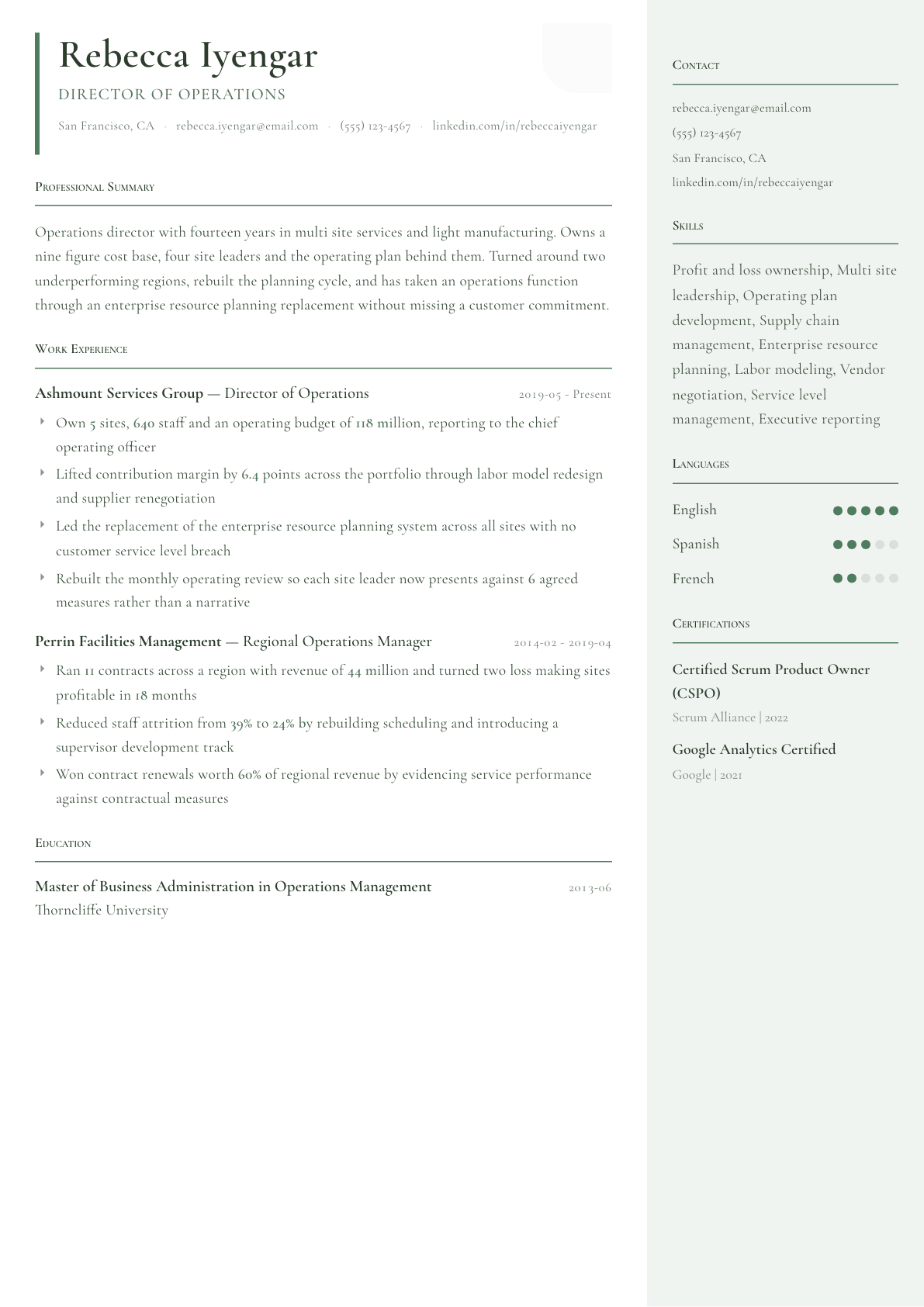 Operations Director resume example, Copenhagen template