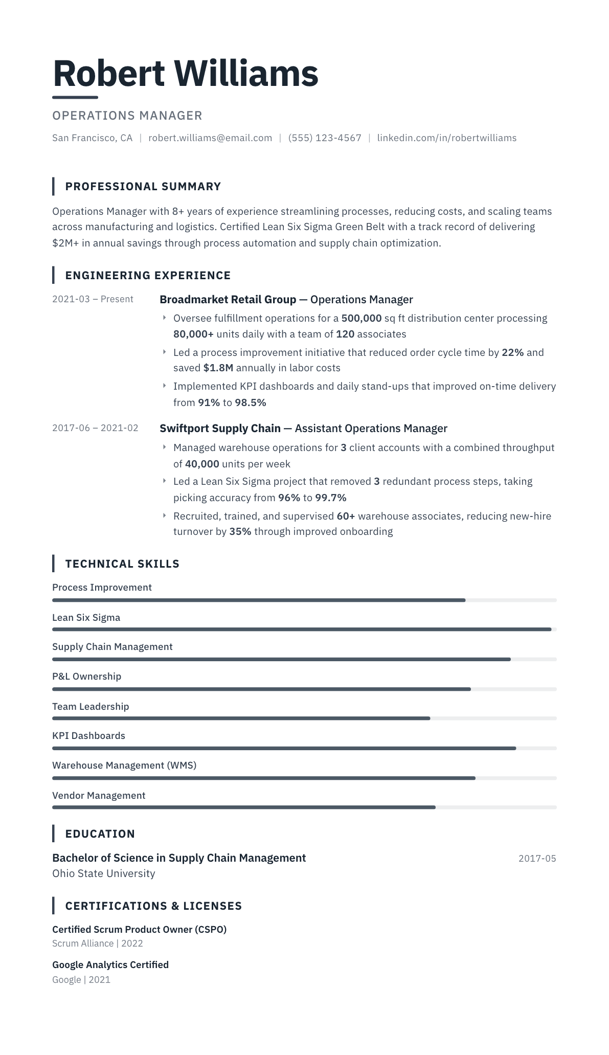 Operations Manager resume example, Blueprint template