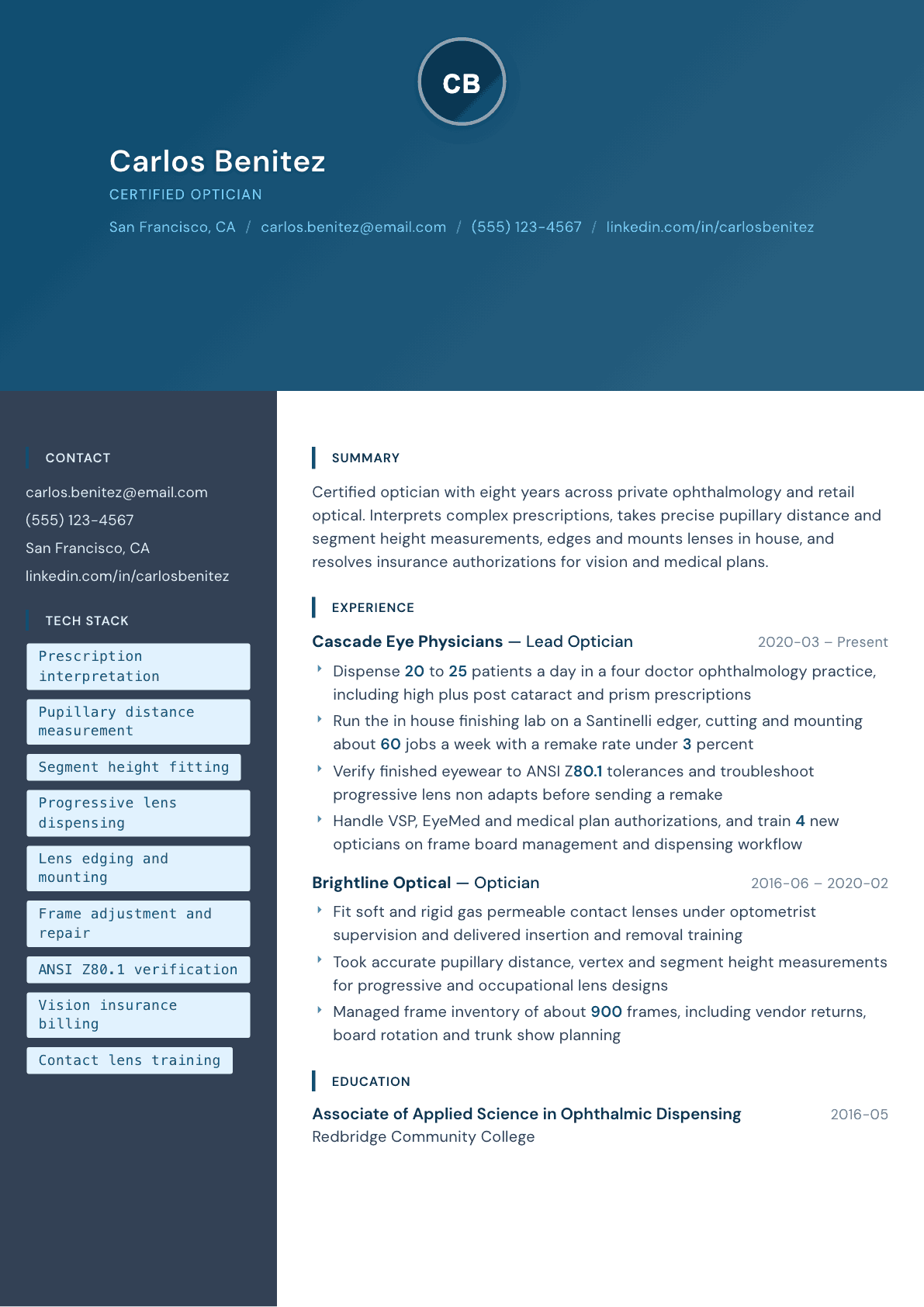 Optician resume example, Prism template