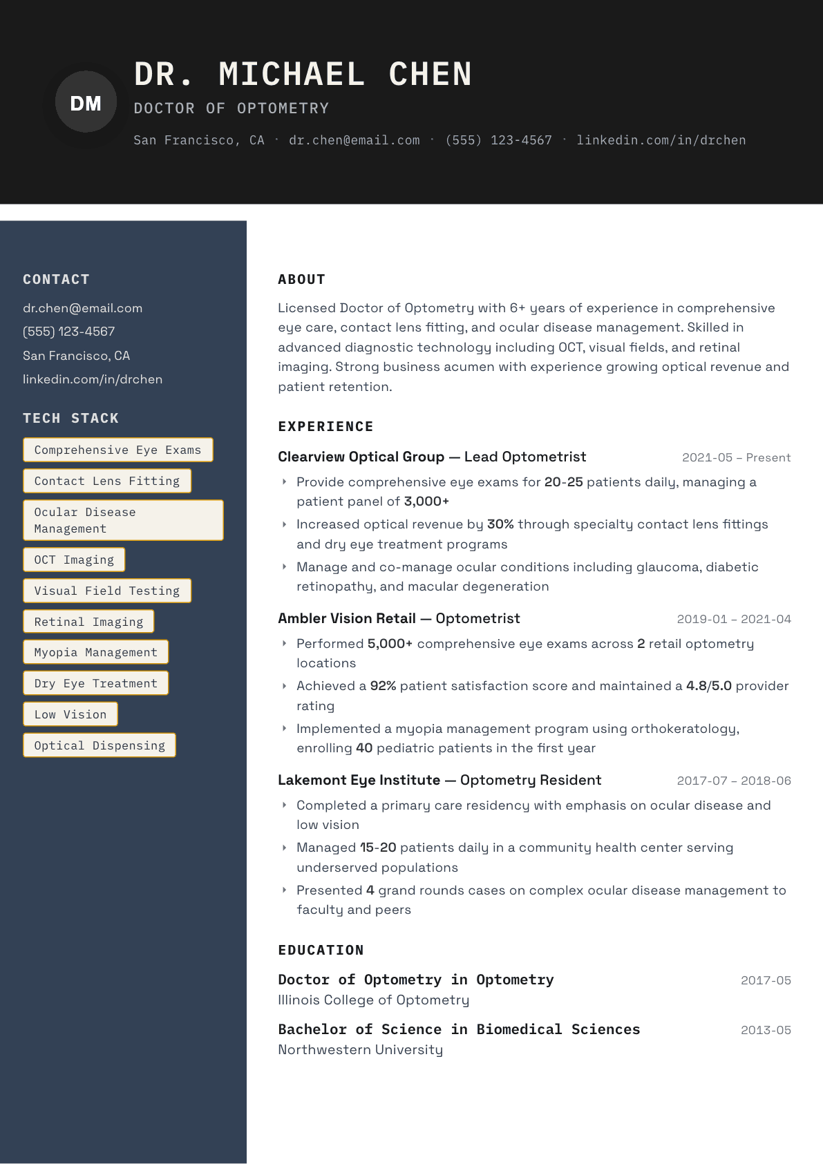 Optometrist resume example, Codebase template