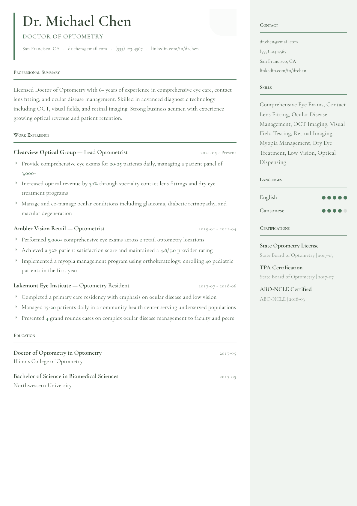 Optometrist resume example, Copenhagen template
