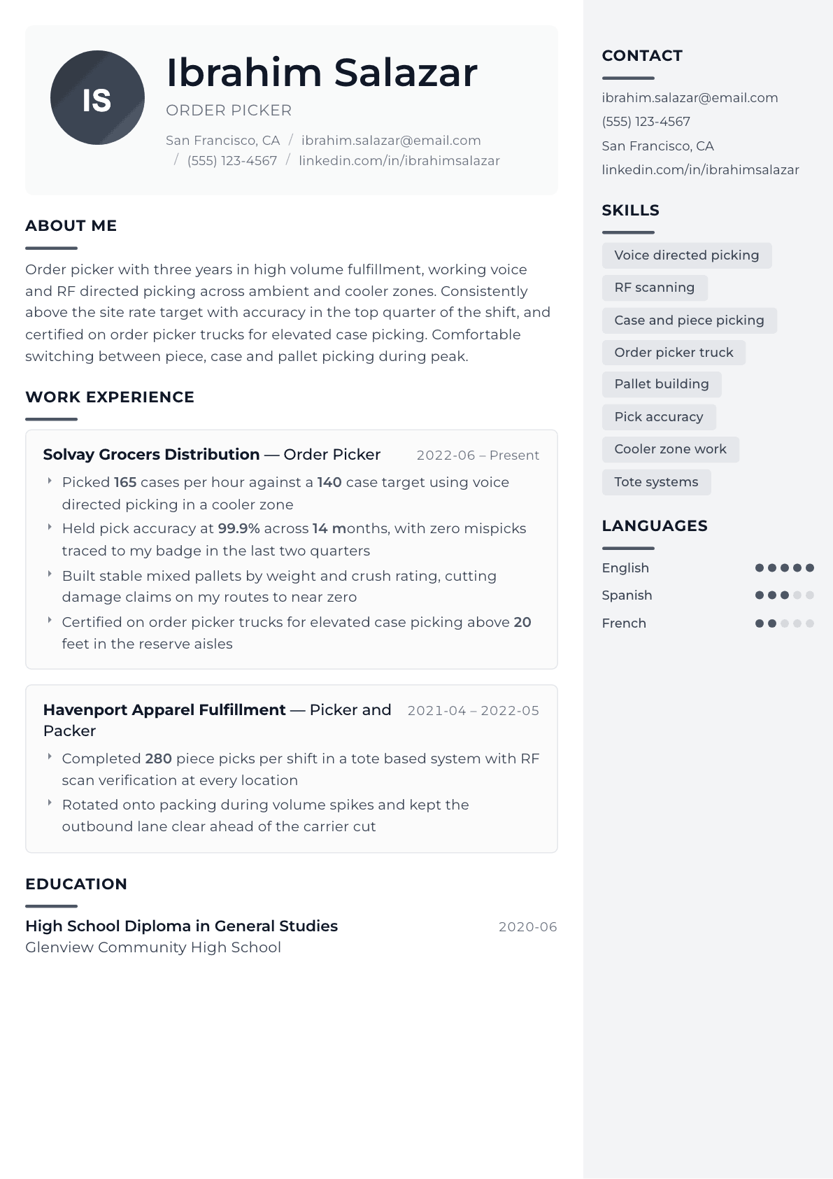 Order Picker resume example, Metropolitan template