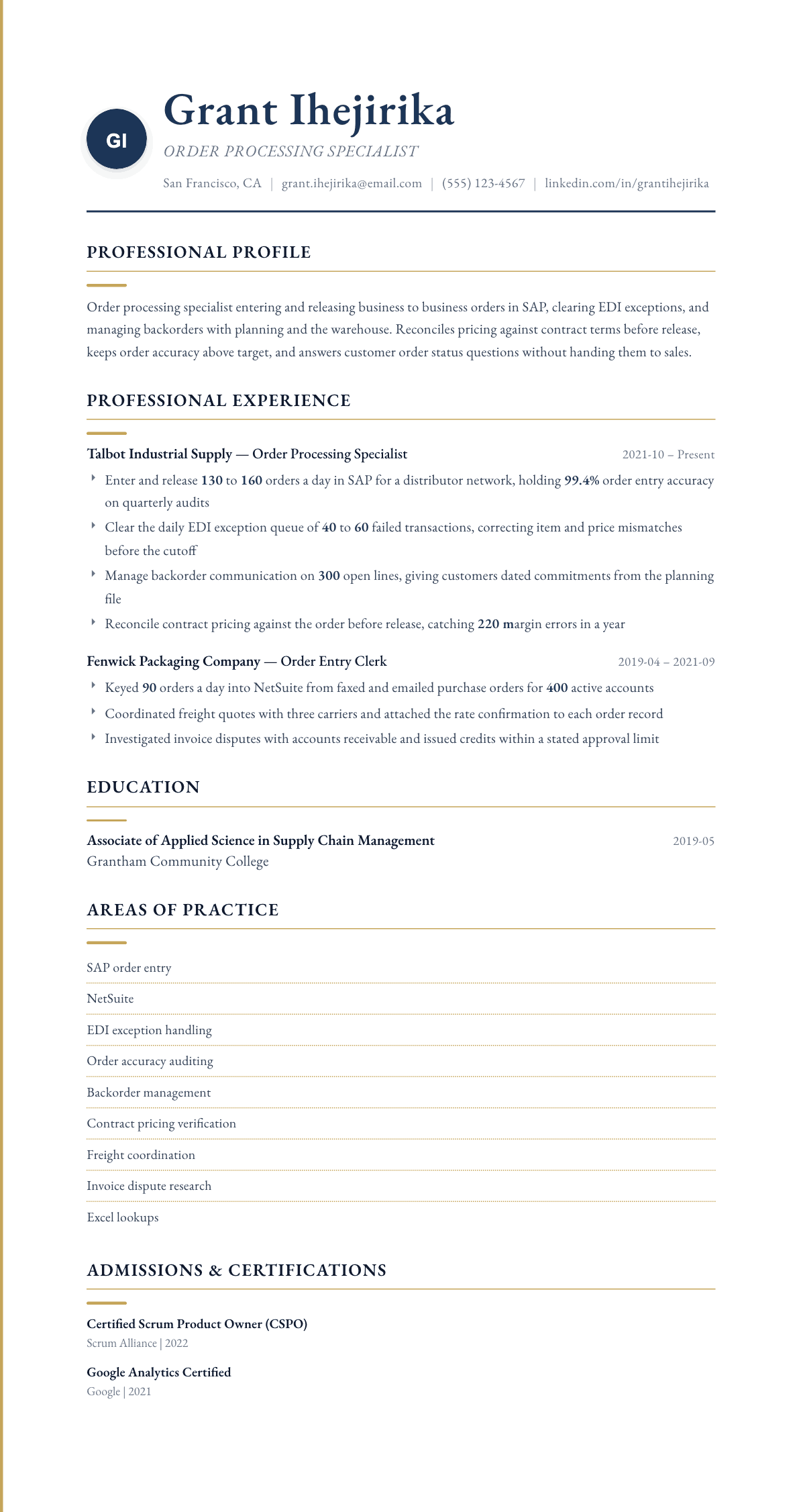 Order Processing Specialist resume example, Folio template
