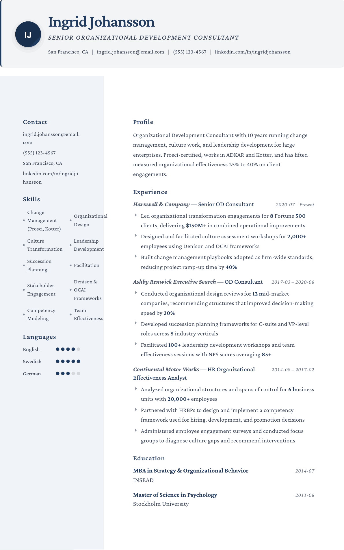 Organizational Development Consultant resume example, Formal template