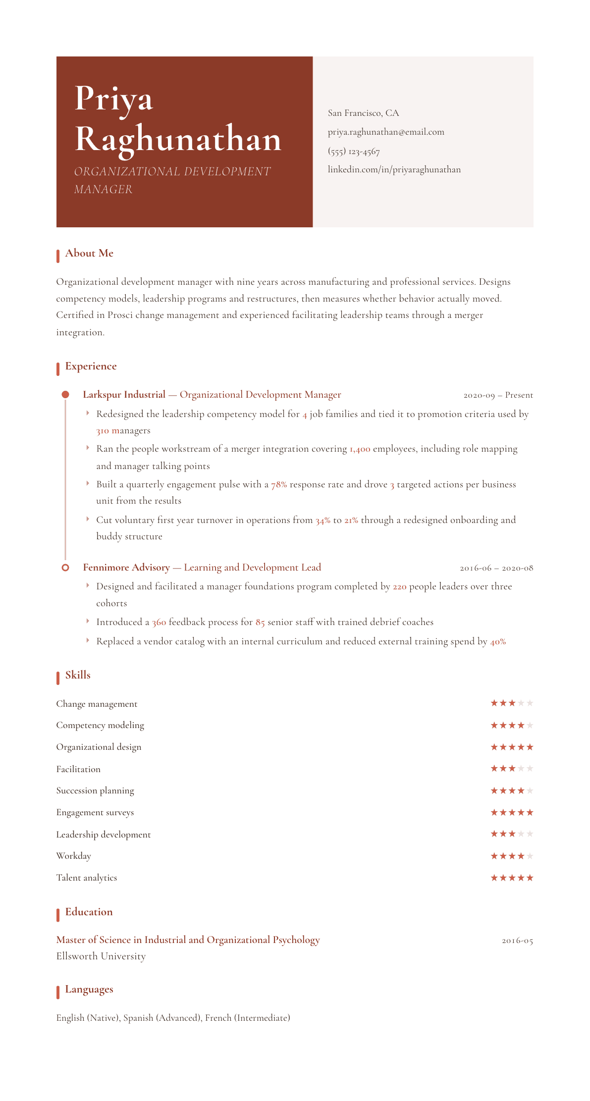 Organizational Development Manager resume example, Artisan template