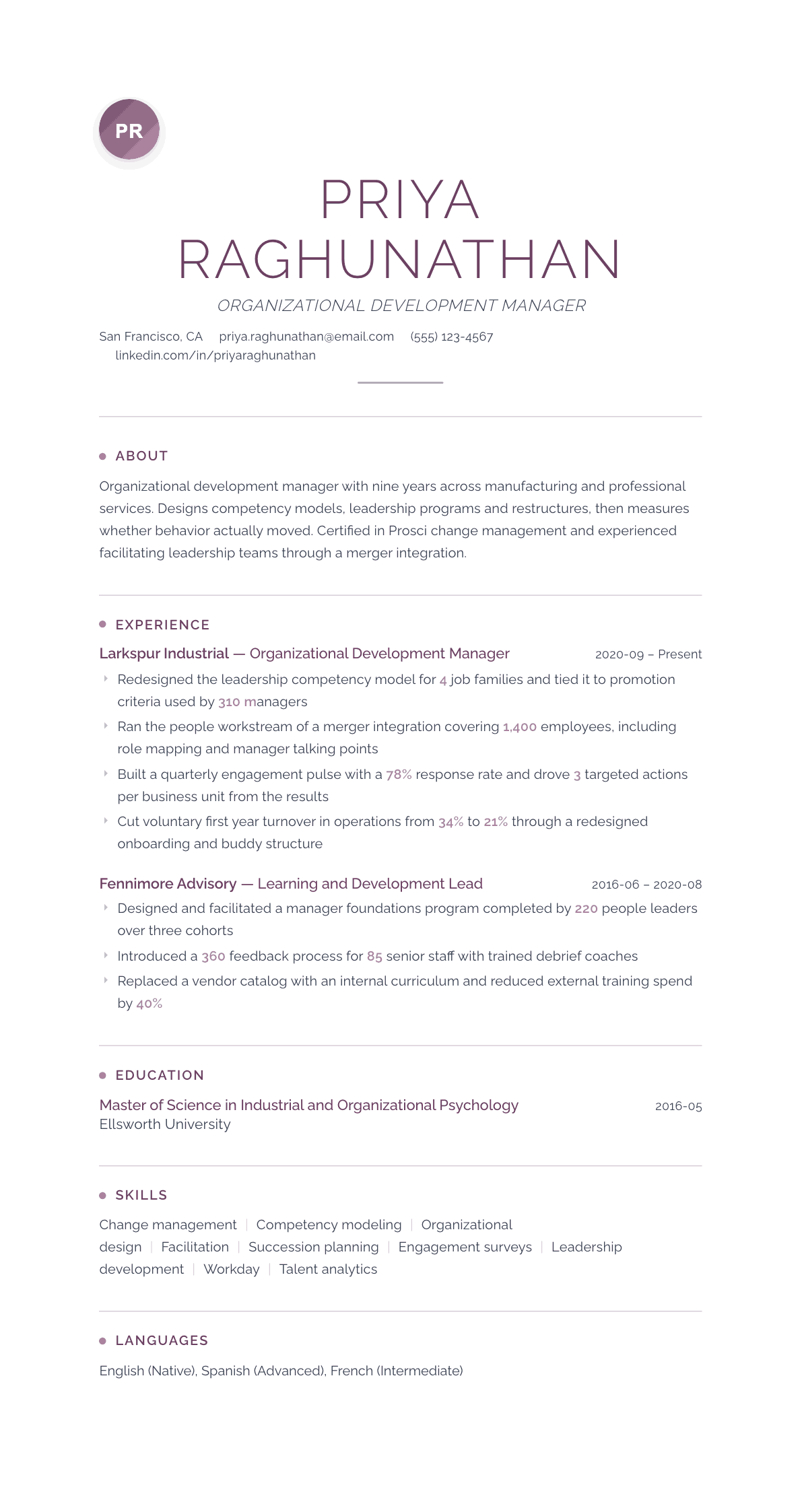 Organizational Development Manager resume example, Serenity template