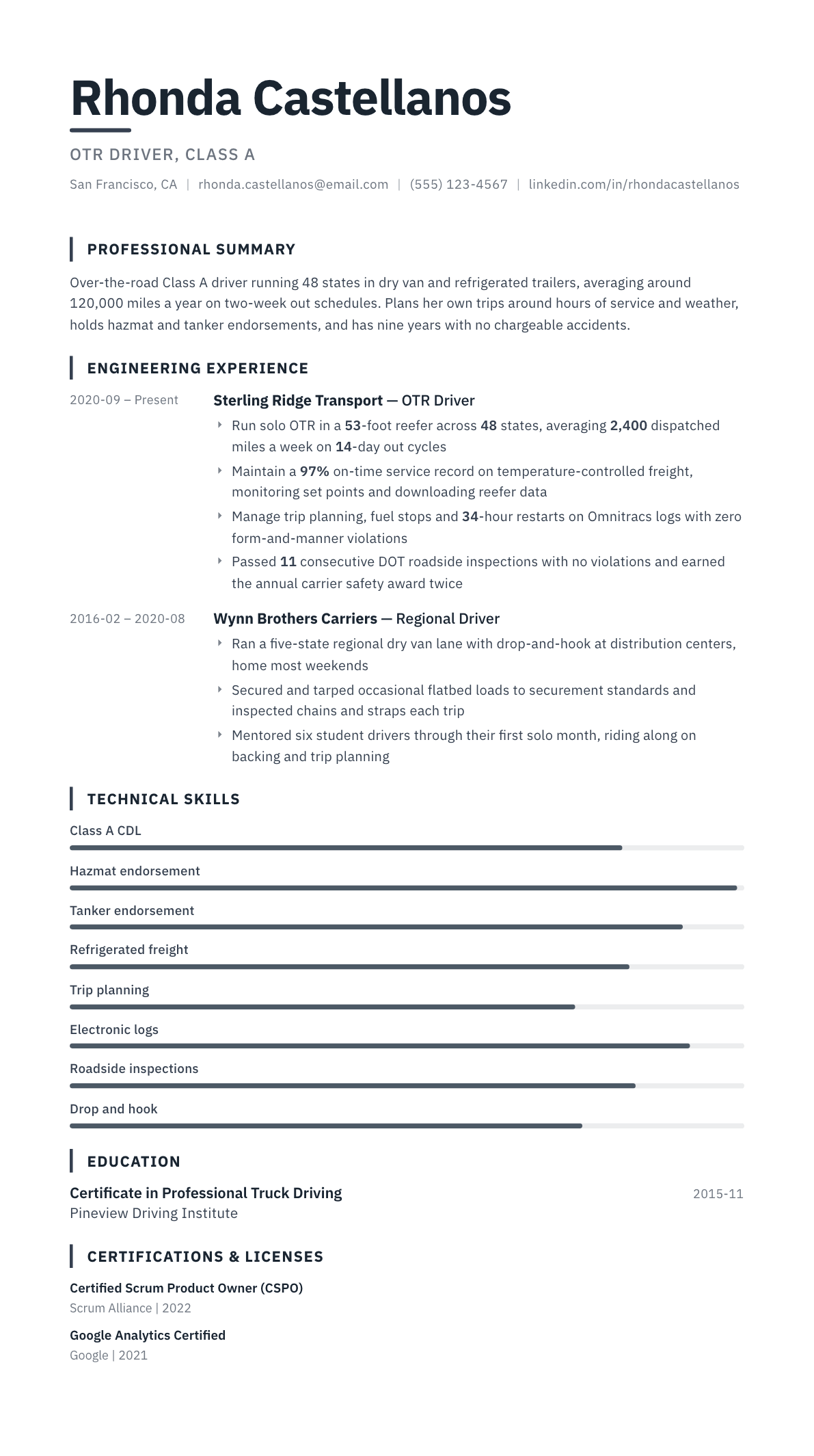OTR Truck Driver resume example, Blueprint template