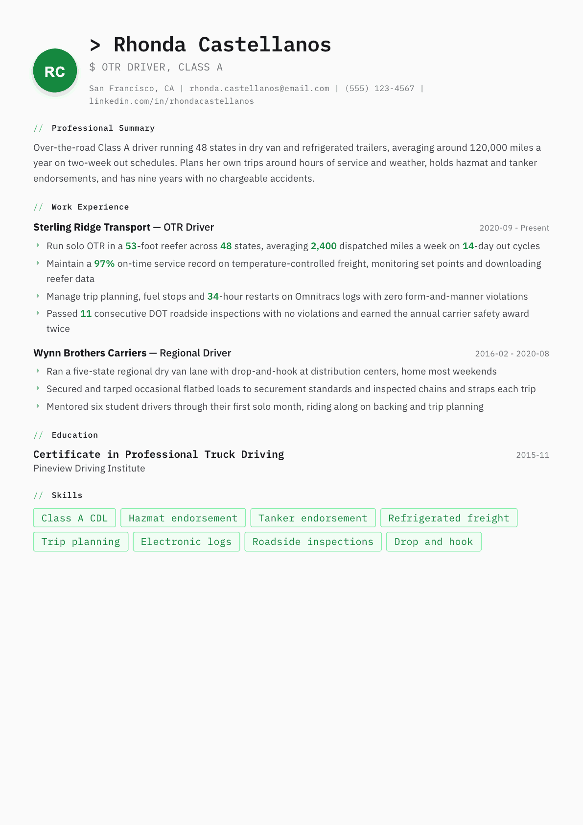 OTR Truck Driver resume example, Amsterdam template