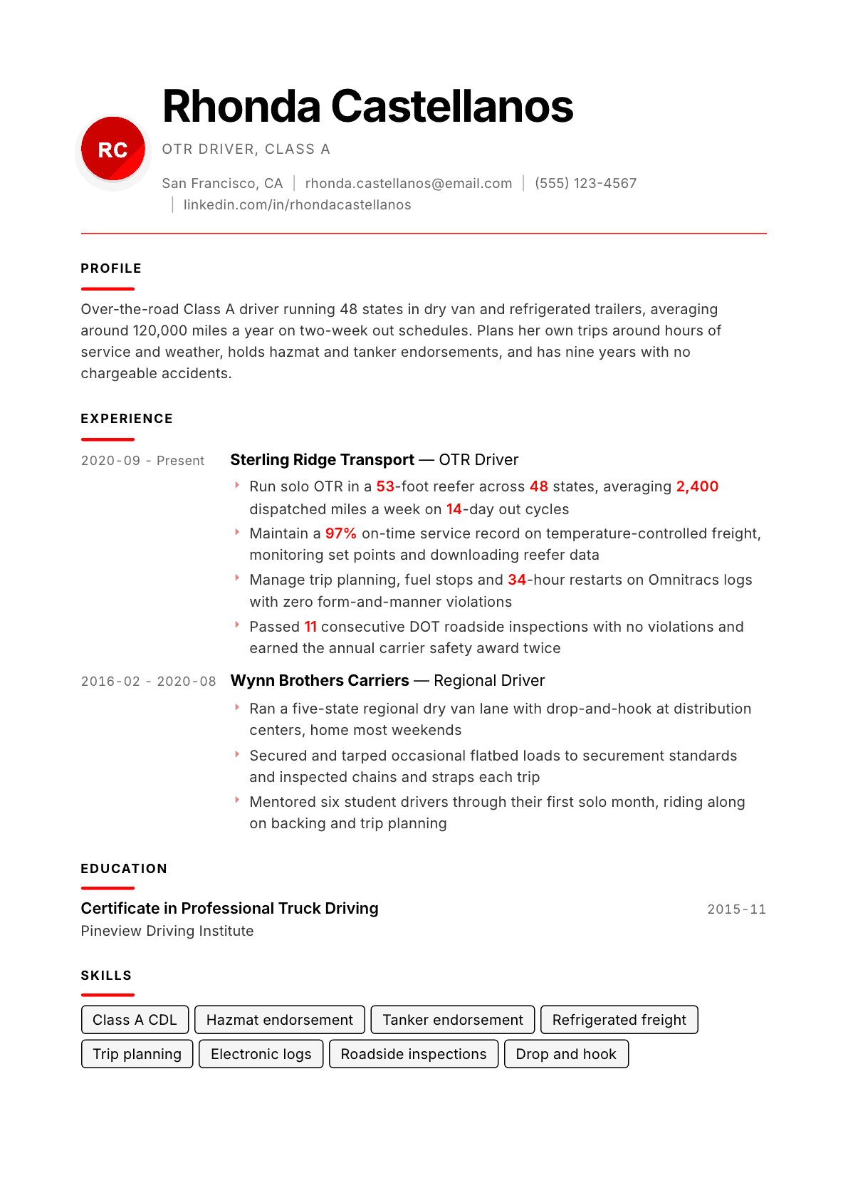 OTR Truck Driver resume example, Swiss Modernist template