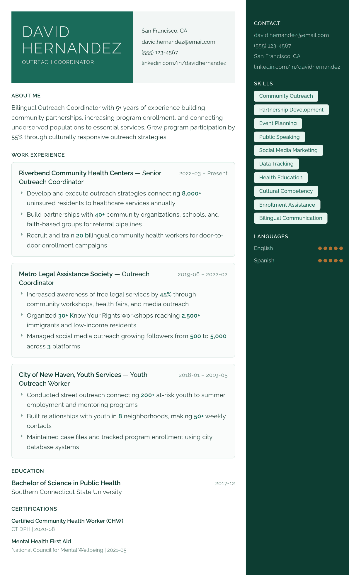 Outreach Coordinator resume example, Aurora template