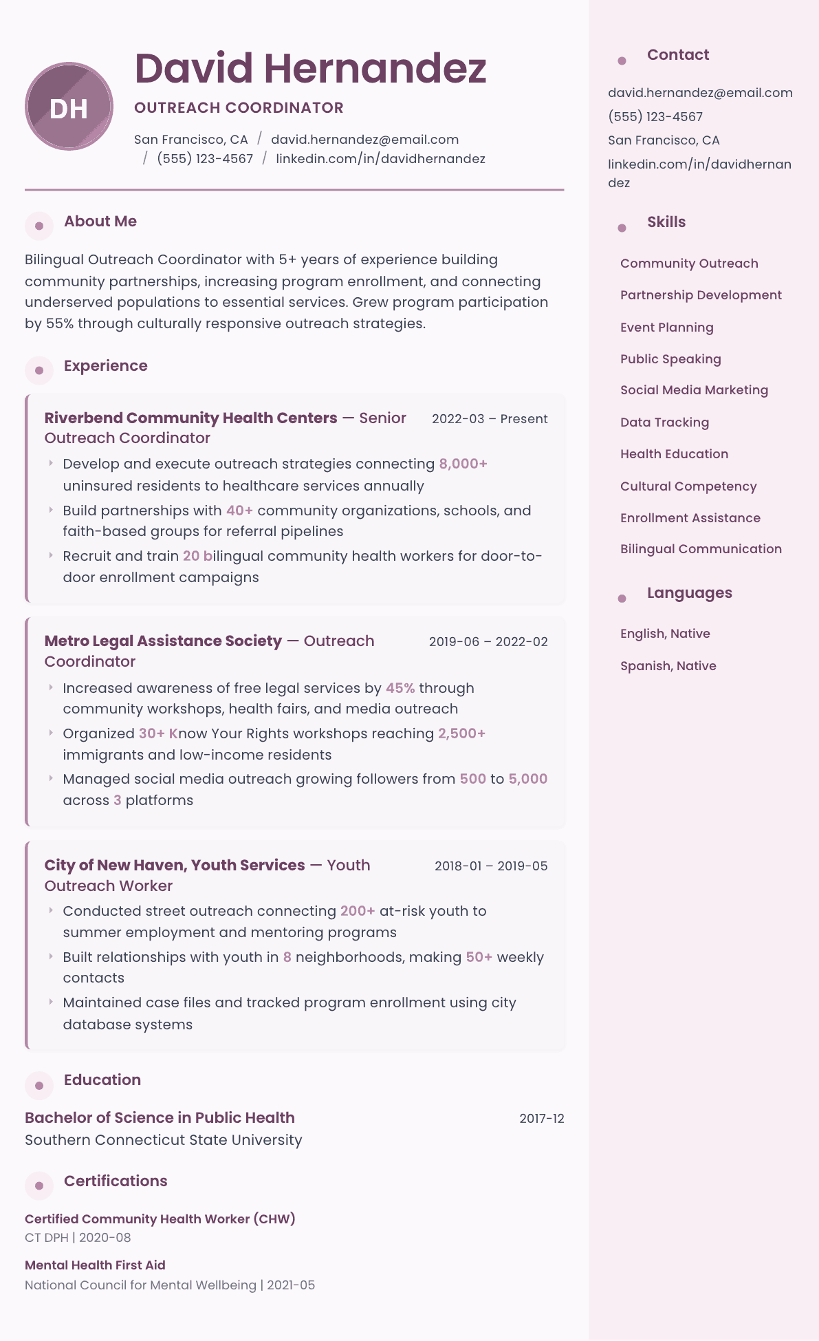 Outreach Coordinator resume example, Bloom template