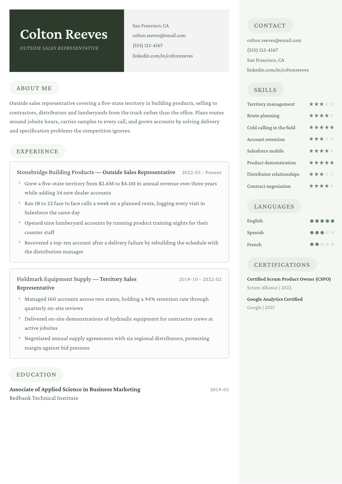 Outside Sales Representative resume example, Mayfair template