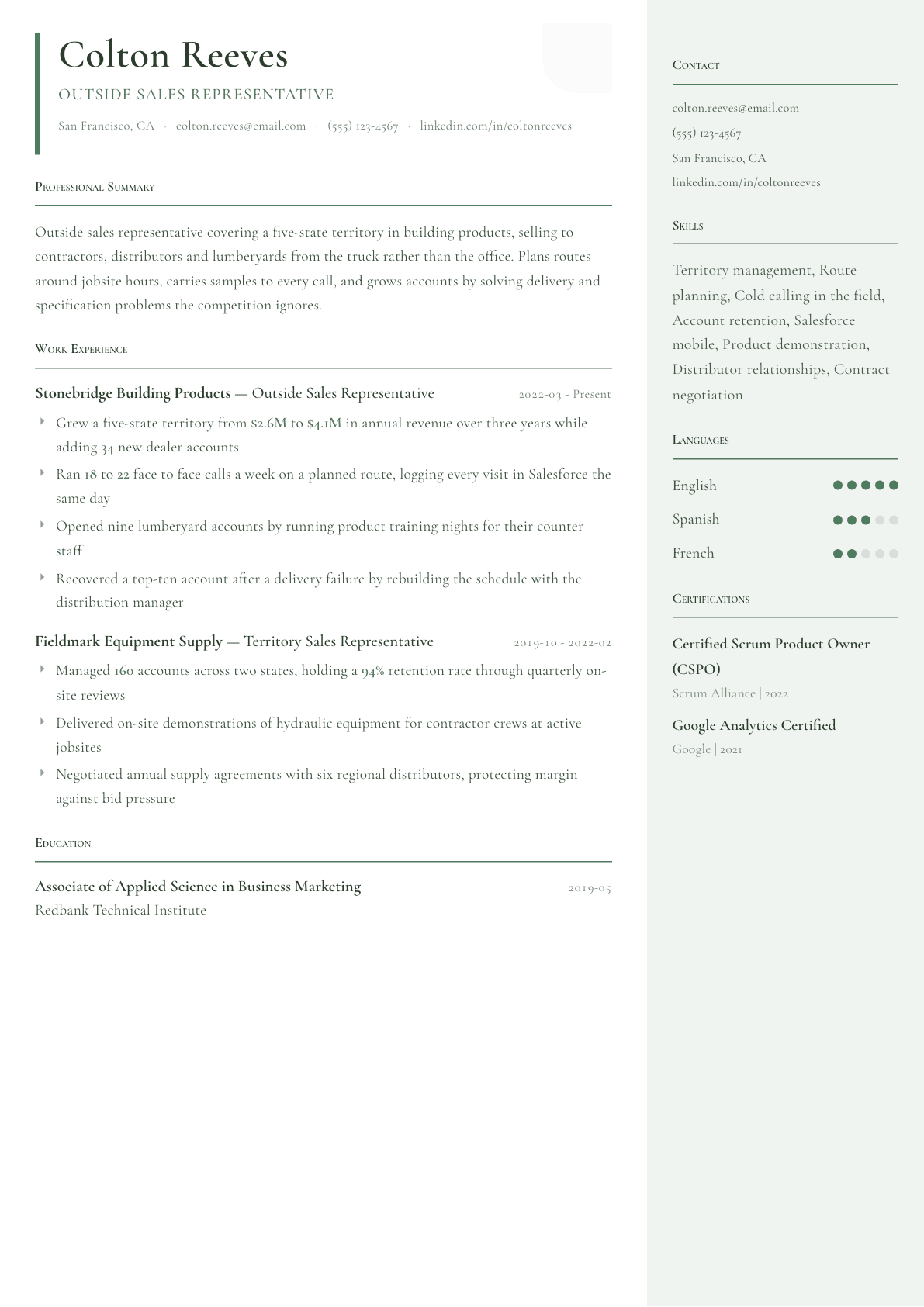 Outside Sales Representative resume example, Copenhagen template