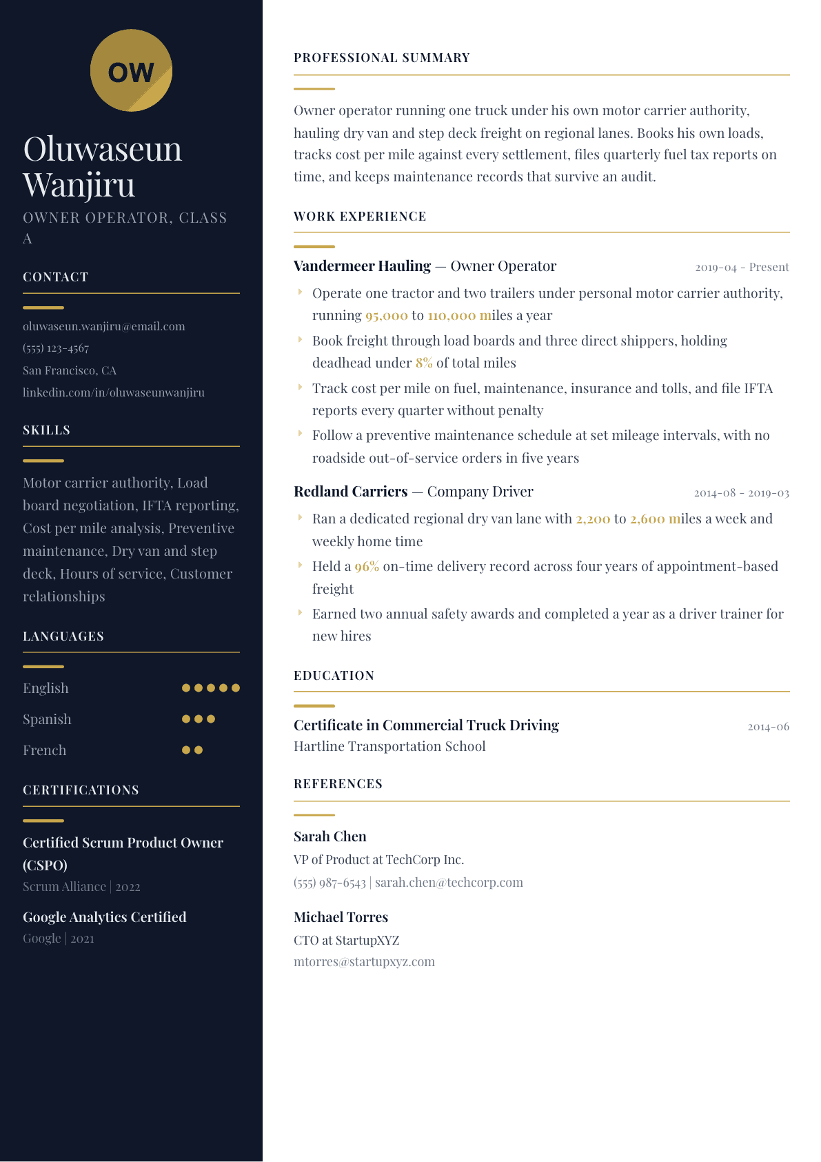Owner Operator Truck Driver resume example, Zurich template