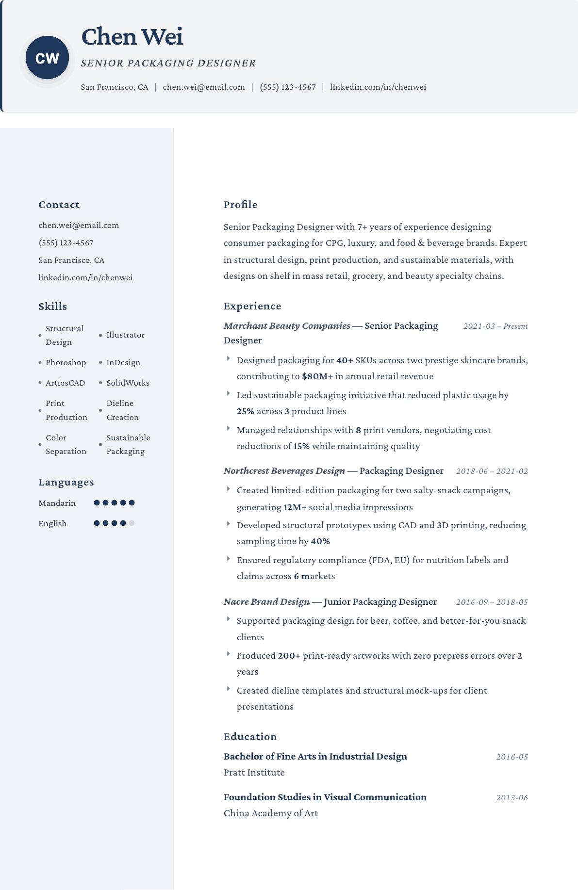 Packaging Designer resume example, Formal template