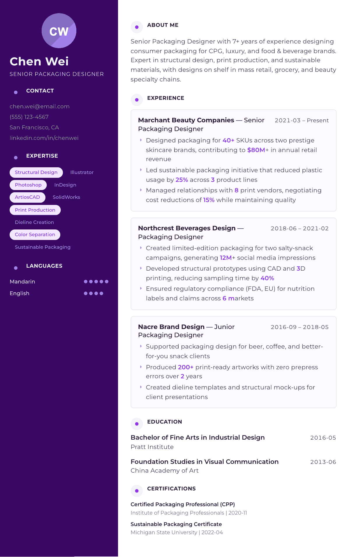 Packaging Designer resume example, Palette template